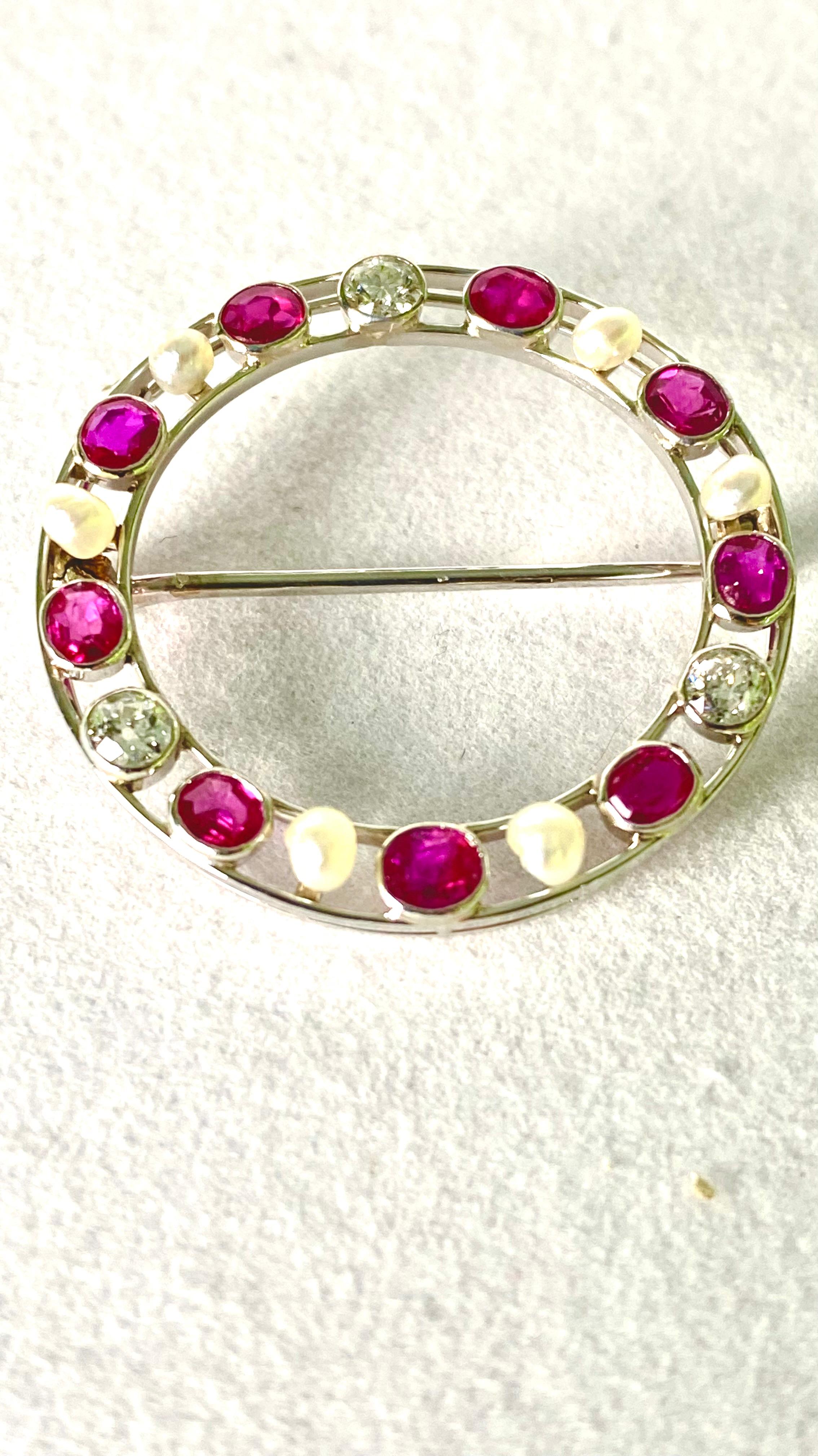 Art Déco Vintage oro platino diamante Birmania rubini perla cerchio 1,25 pollici Spilla