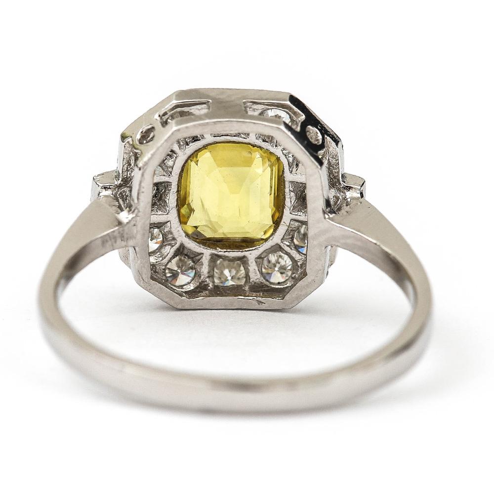 Vintage Platinum 1.5ct Yellow Sapphire and 1ct Diamond Cluster Ring, circa 1950 In Good Condition In Lancashire, Oldham