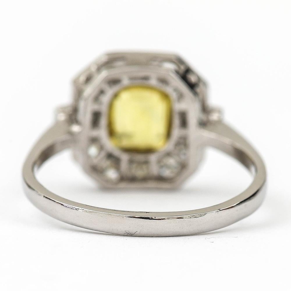 Women's Vintage Platinum 1.5ct Yellow Sapphire and 1ct Diamond Cluster Ring, circa 1950