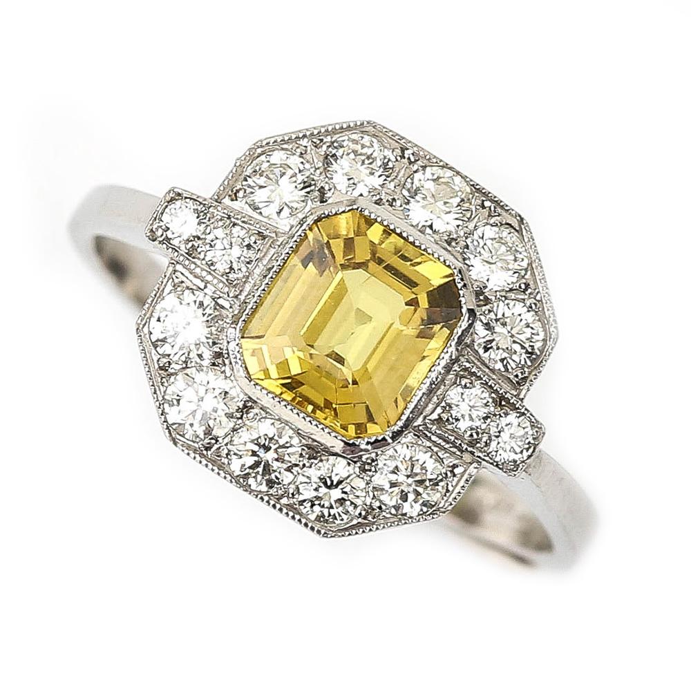 Vintage Platinum 1.5ct Yellow Sapphire and 1ct Diamond Cluster Ring, circa 1950 1