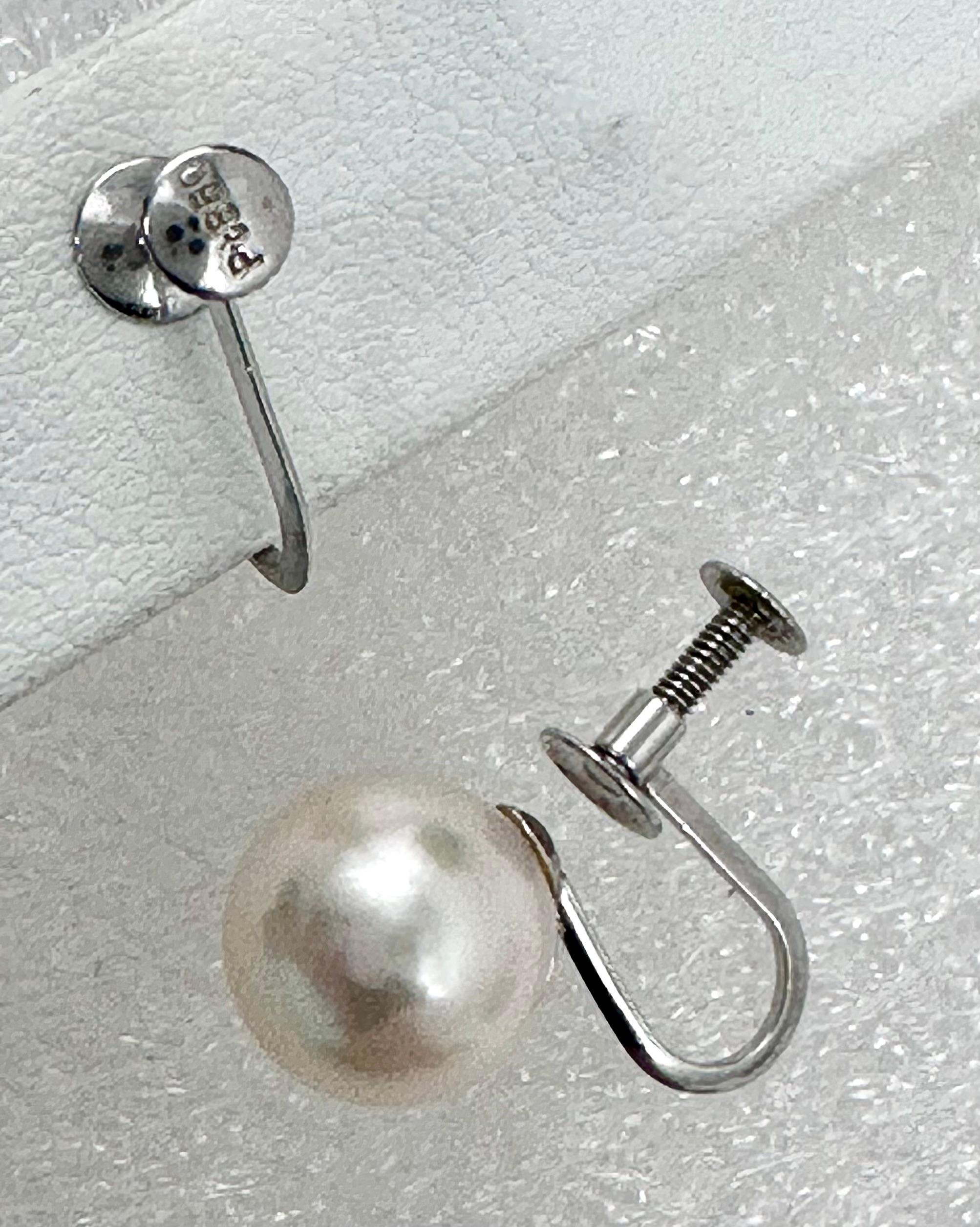 Vintage Platin850 Gold 9mm glänzende Perlen-Ohrringe mit Schraubenverschluss hinten im Angebot 1