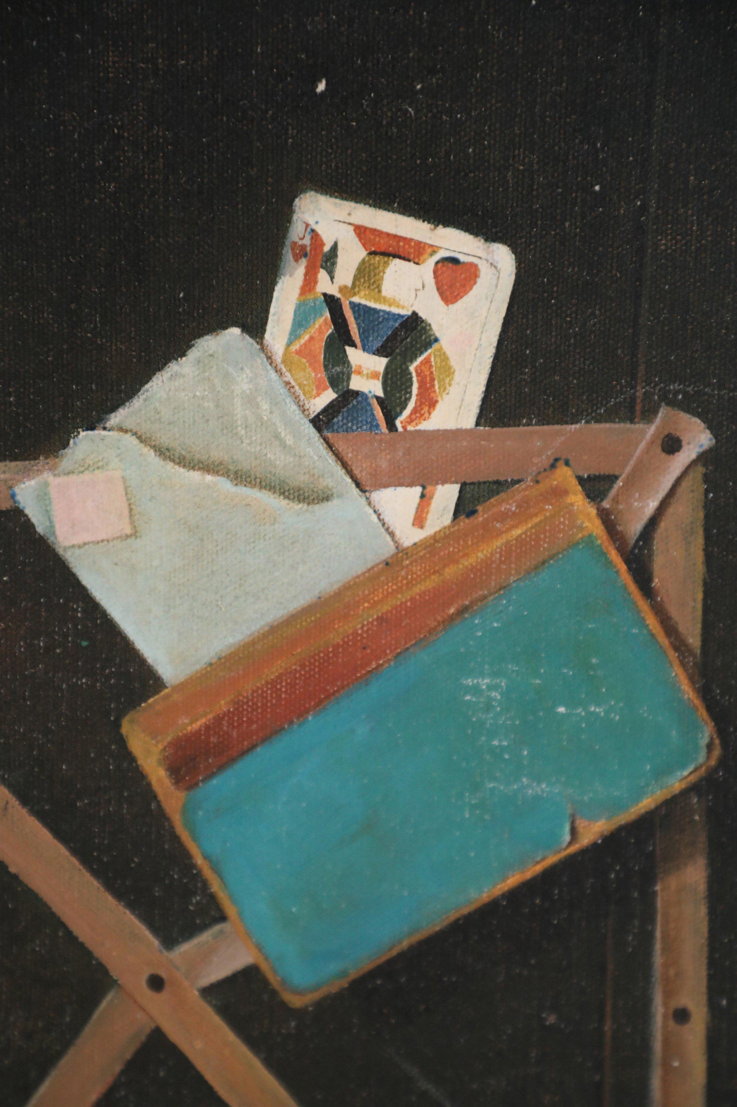 Mid-Century Modern Peinture à l'huile - Nature morte vintage - Cartes de jeu, stationnaires et moments en vente