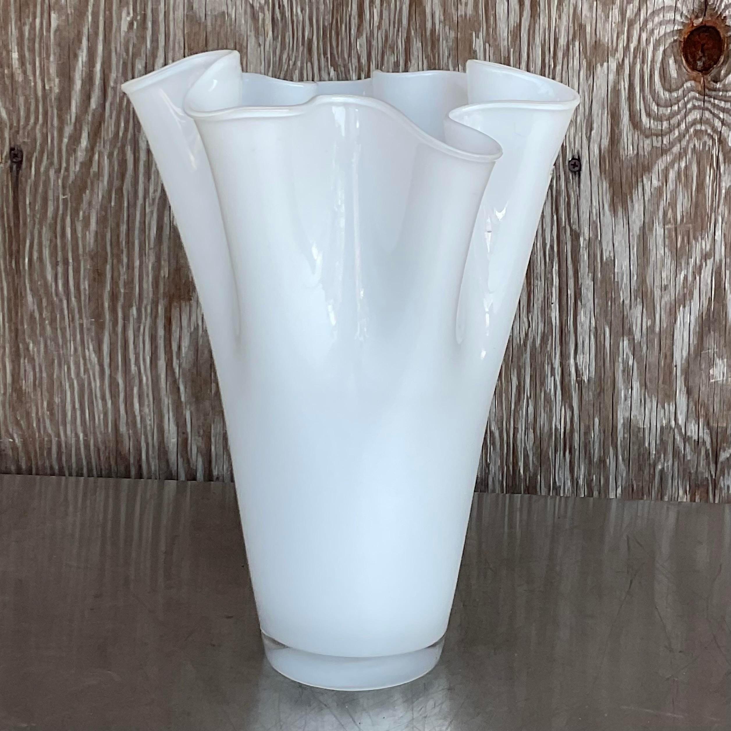 Bohemian Vintage Pleated White Glass Vase For Sale