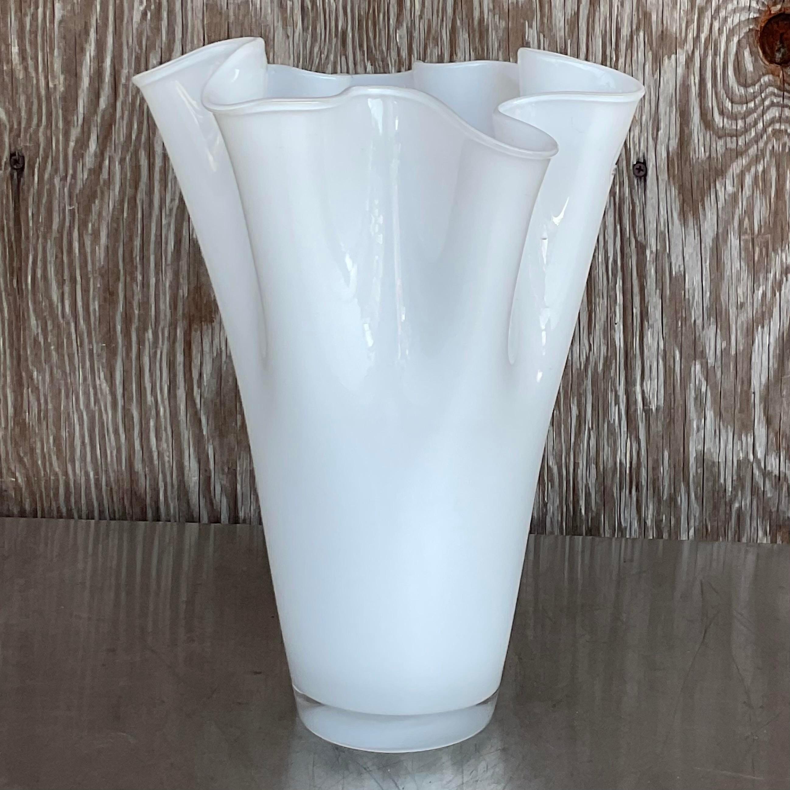 Vintage Pleated White Glass Vase In Good Condition For Sale In west palm beach, FL