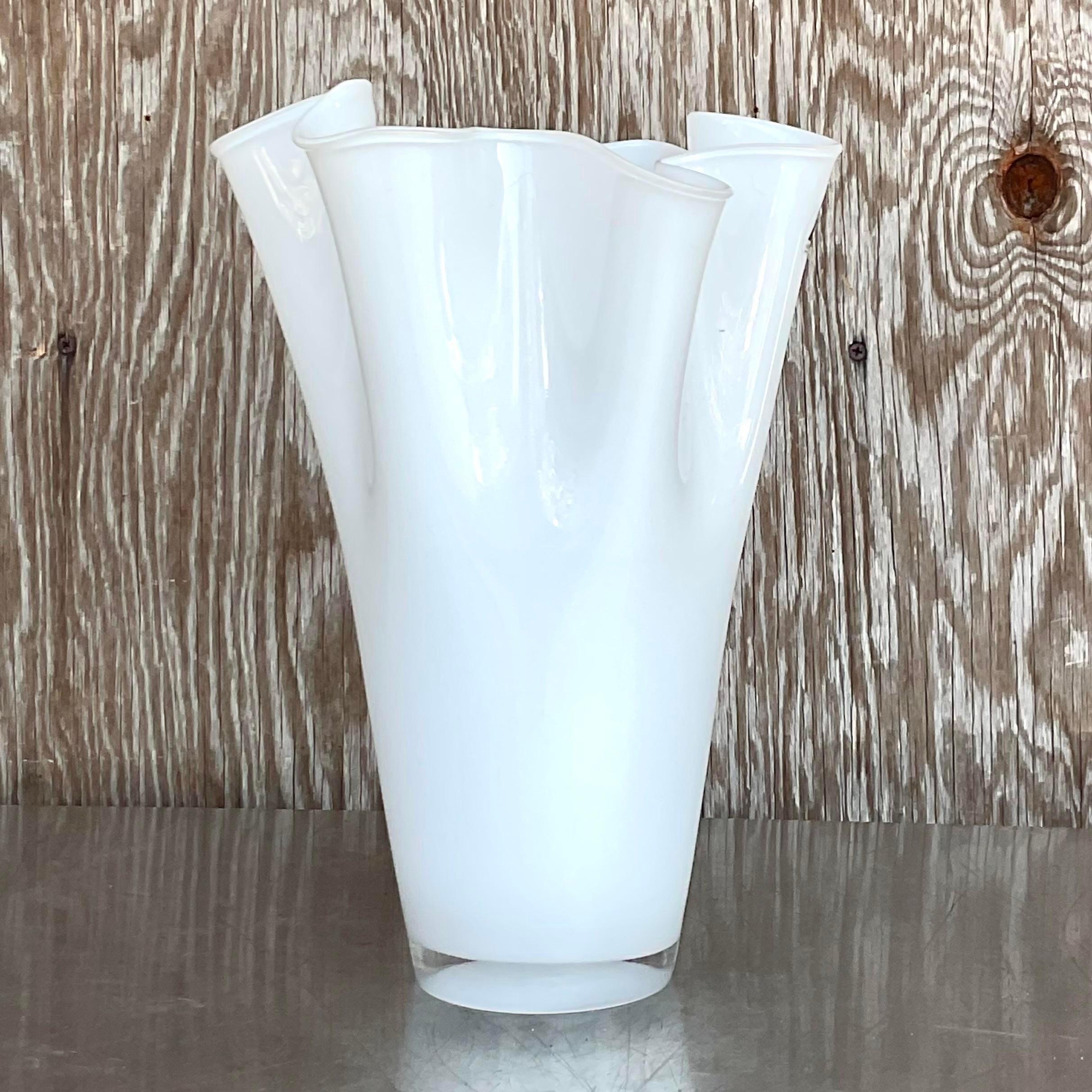 Contemporary Vintage Pleated White Glass Vase For Sale