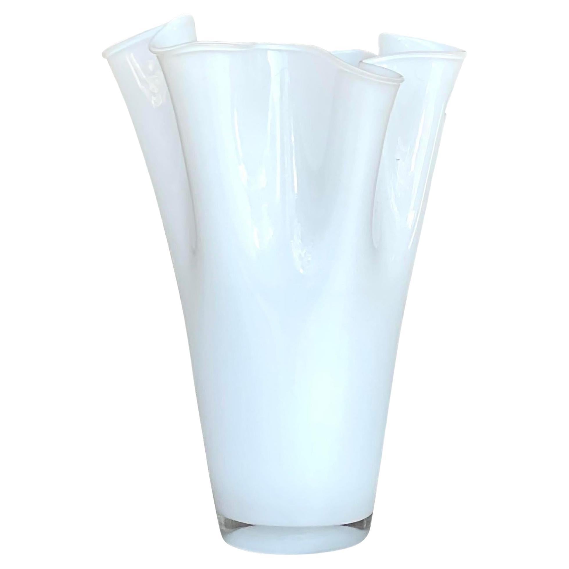 Vintage Pleated White Glass Vase For Sale