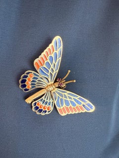 Vintage Plique a Jour Enamel Butterfly Brooch 18K Yellow Gold