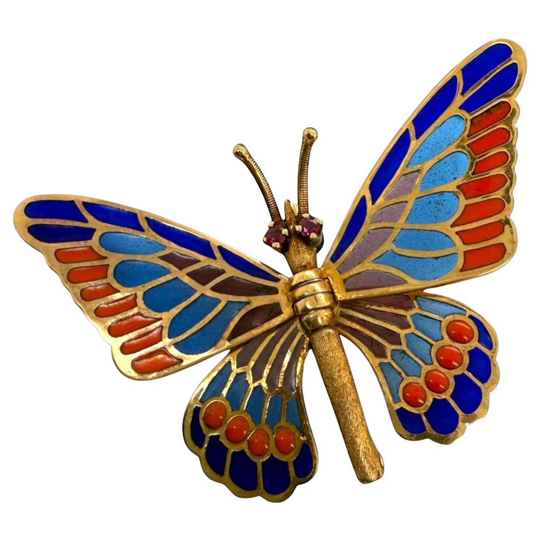 Broche papillon en émail Vintage Plique a Jour Or jaune 18K