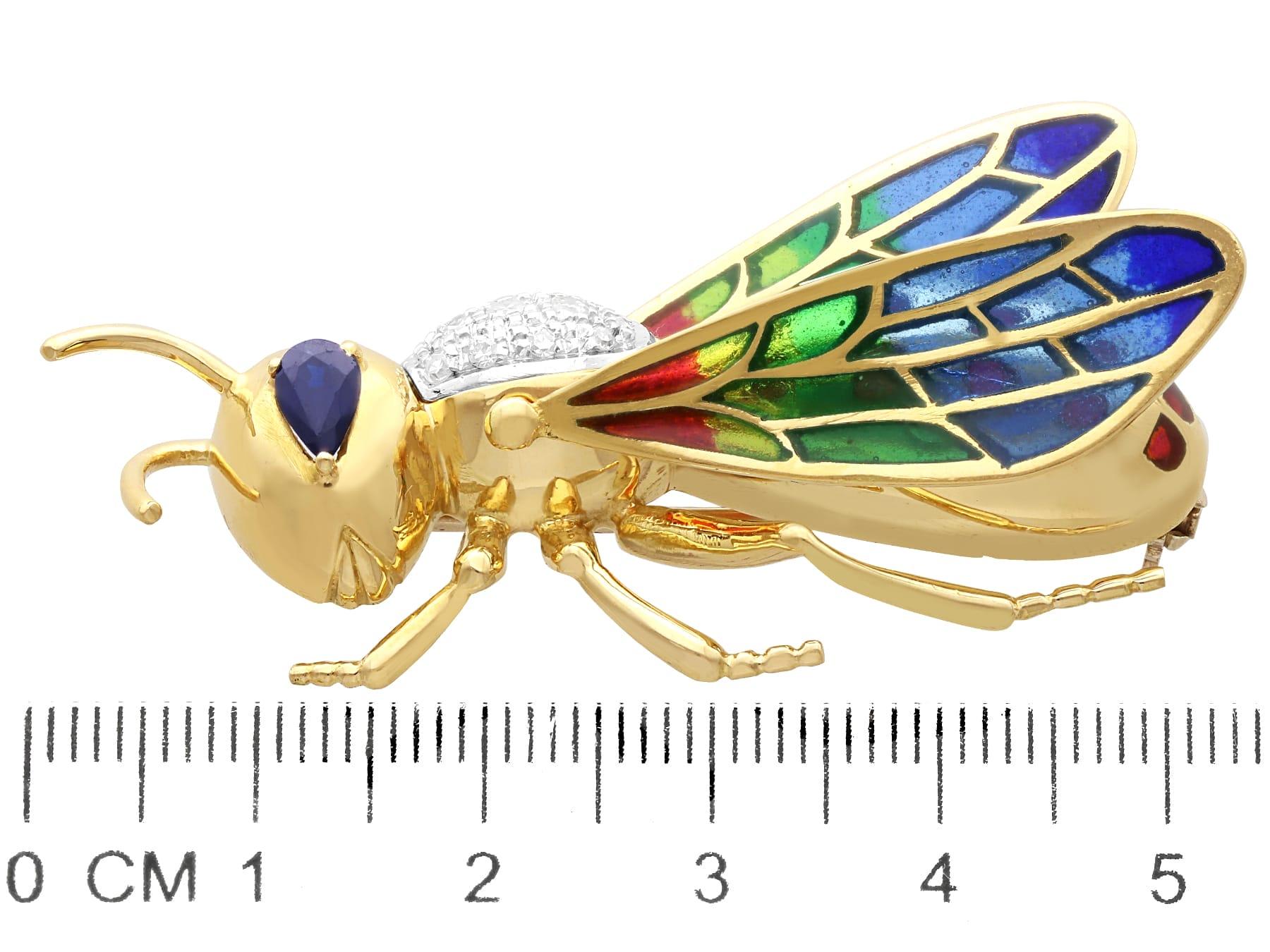 Vintage Plique-a-jour, Sapphire and Diamond, 18ct Yellow Gold Bug Brooch In Excellent Condition For Sale In Jesmond, Newcastle Upon Tyne
