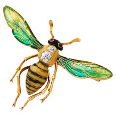 Antique plique de jour Bee Enamel Diamond Brooch Pin