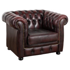 Vintage Plum Colored Leather Chesterfield Club Chair, England 1970-80