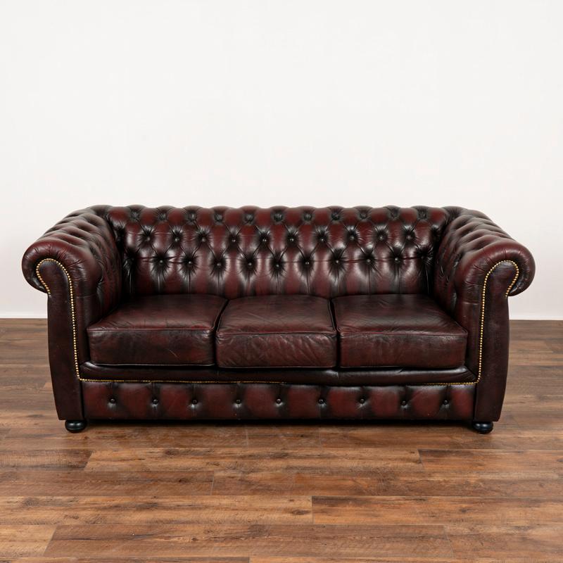Danish Vintage Plum Colored Leather Three Seat Chesterfield Sofa