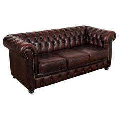 Used Plum Colored Leather Three Seat Chesterfield Sofa