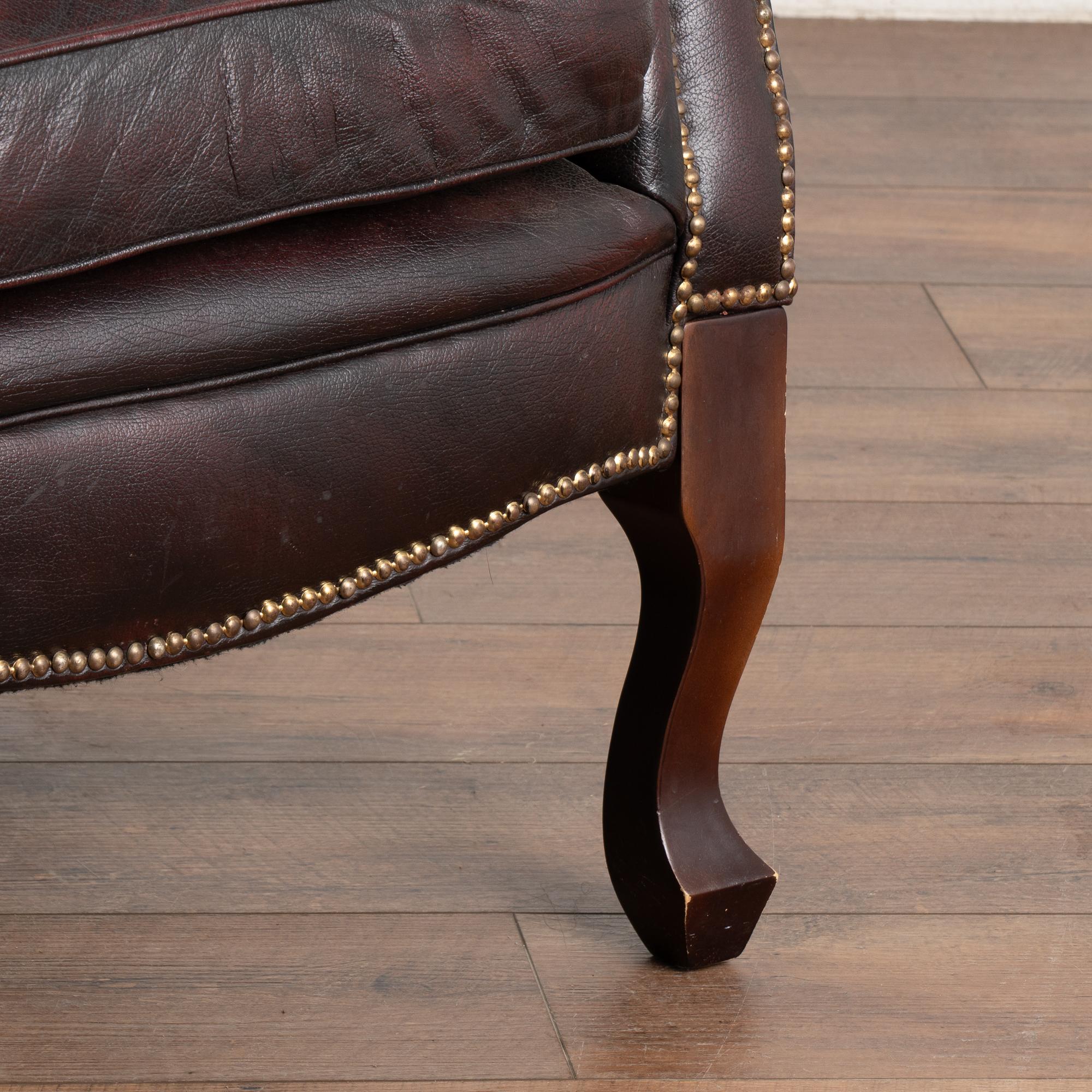 Vintage Plum Leather Wingback Chesterfield Arm Chair, England circa 1970-80 6