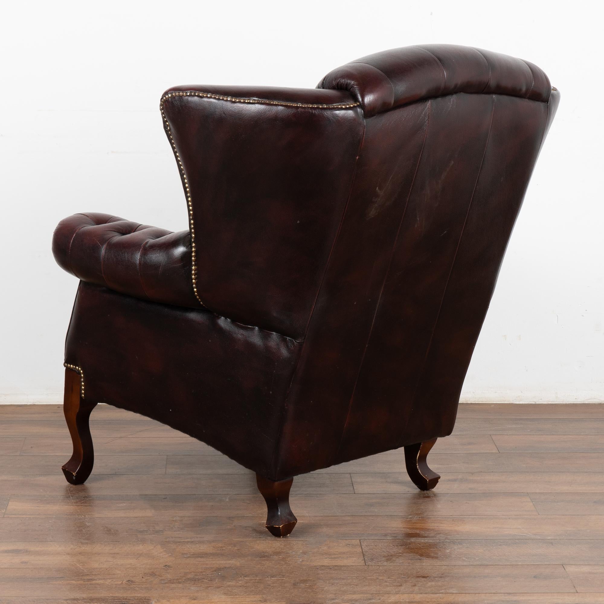 Vintage Plum Leather Wingback Chesterfield Arm Chair, England circa 1970-80 8
