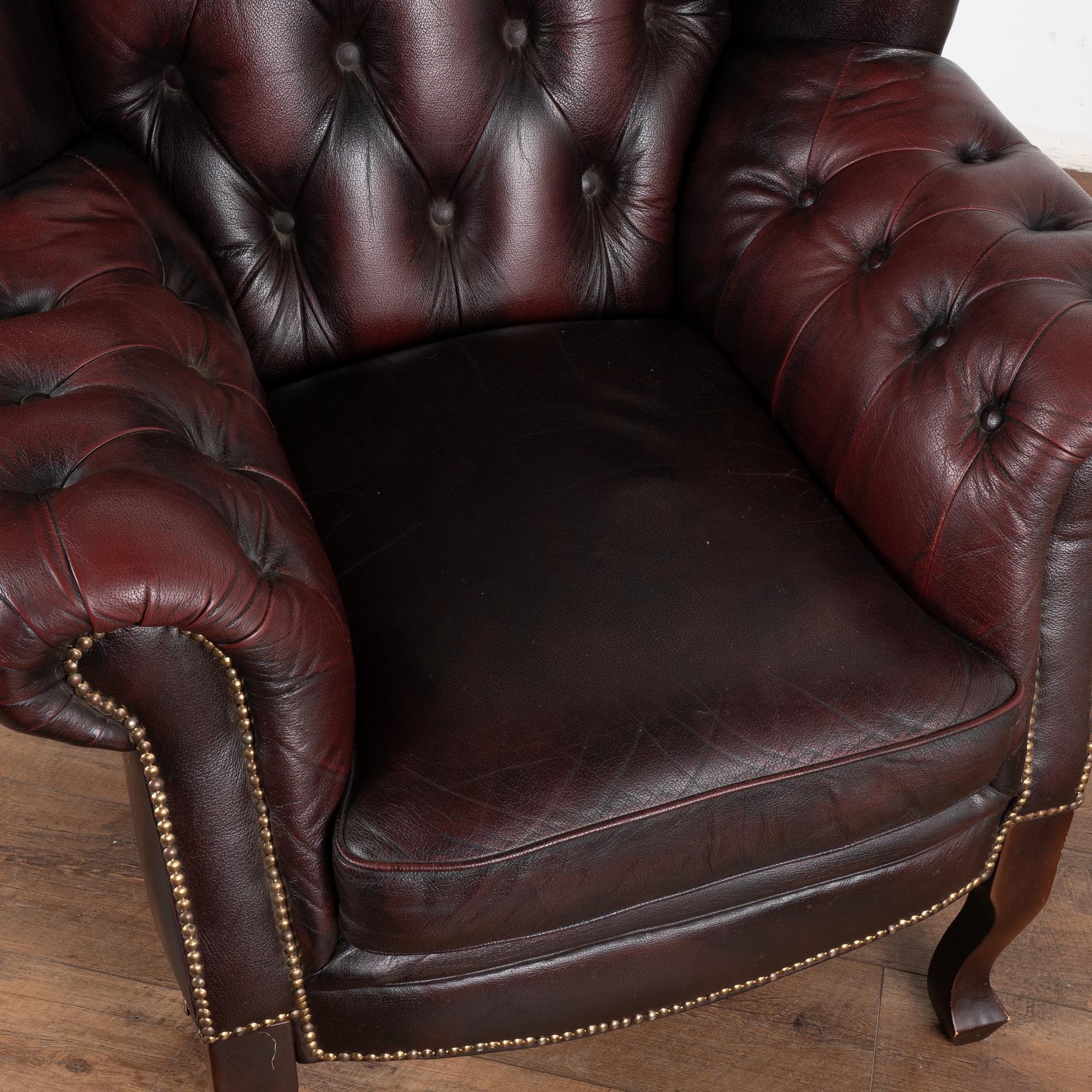 Vintage Plum Leather Wingback Chesterfield Arm Chair, England circa 1970-80 1