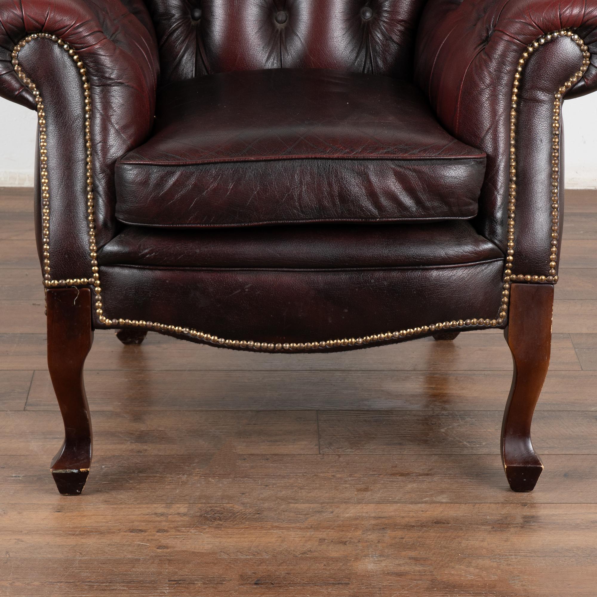 Vintage Plum Leather Wingback Chesterfield Arm Chair, England circa 1970-80 2