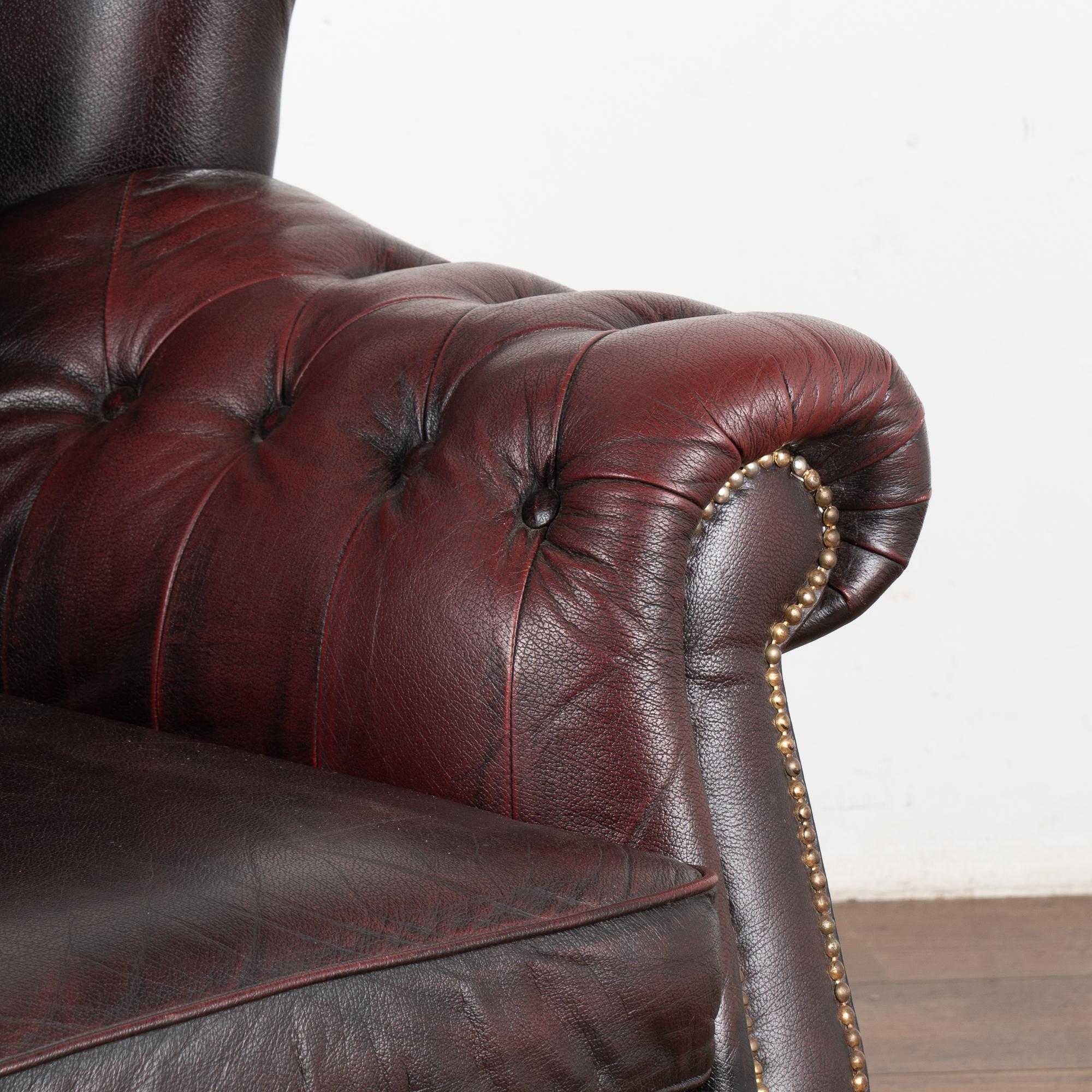 Vintage Plum Leather Wingback Chesterfield Arm Chair, England circa 1970-80 4
