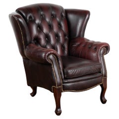 Vintage Plum Leather Wingback Chesterfield Arm Chair, England circa 1970-80