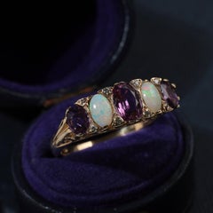 Vintage Plum Pink Sapphire & Solid White Opal Diamond Bridge Ring in 9ct Gold