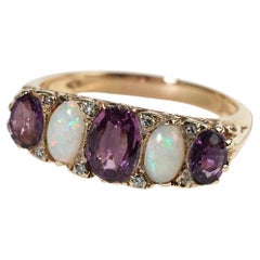 Vintage Plum Pink Sapphire & Solid White Opal Diamond Bridge Ring in 9ct Gold