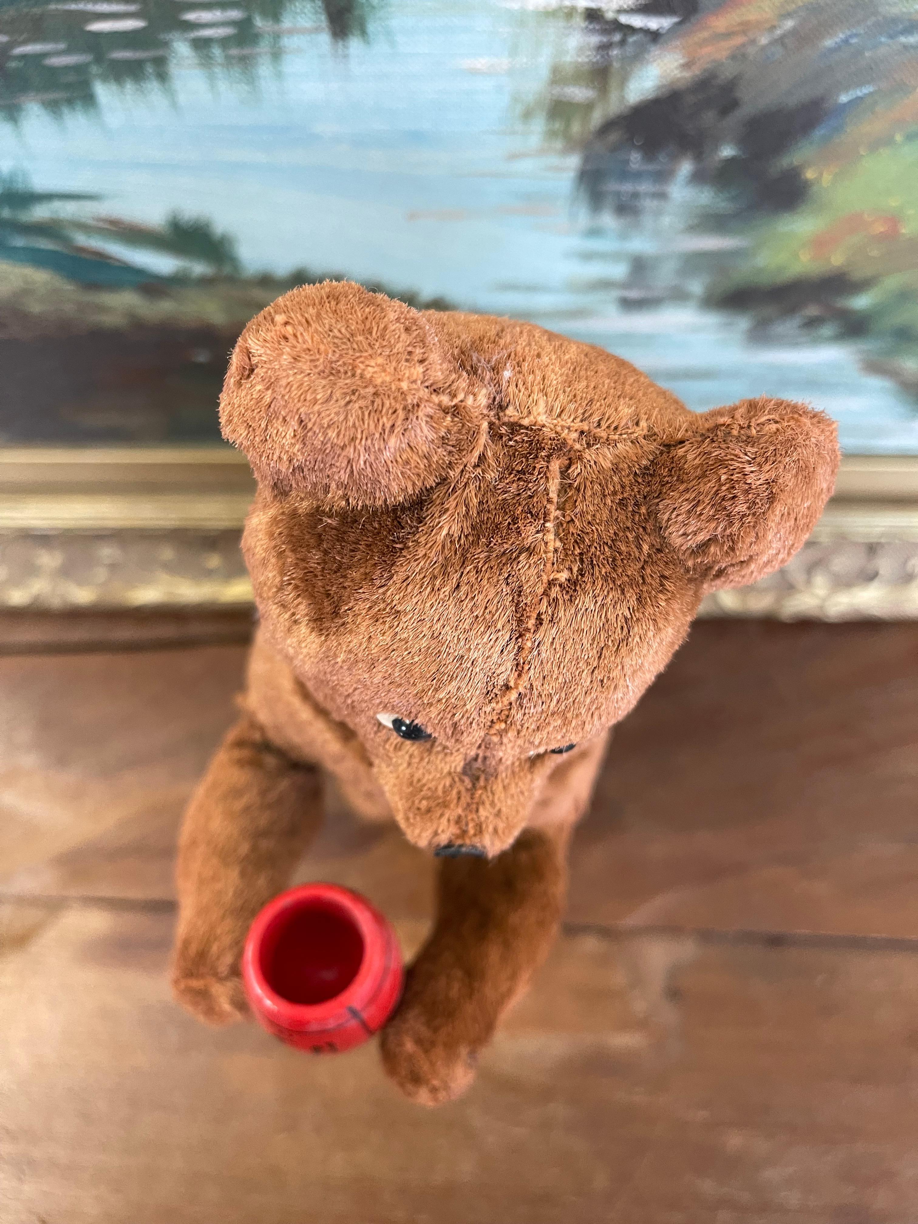 Vintage Plush Mechanical Bear with Red Barrel, Mid-20th Century Toy For Sale 5