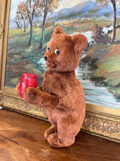 Vintage Plush Mechanical Bear with Red Barrel, Mid-20th Century Toy