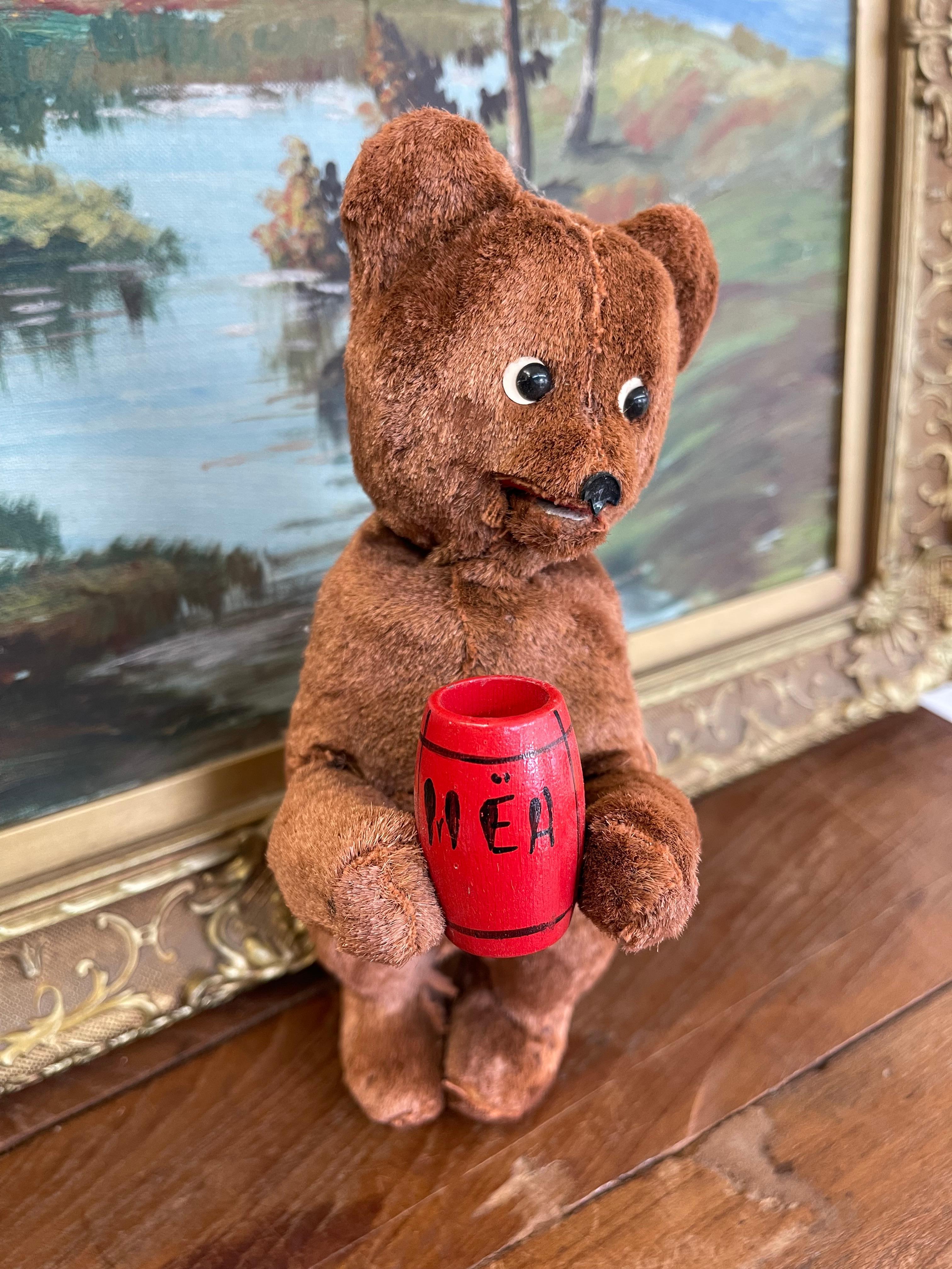 Mid-Century Modern Vintage Plush Mechanical Bear with Red Barrel, Mid-20th Century Toy For Sale