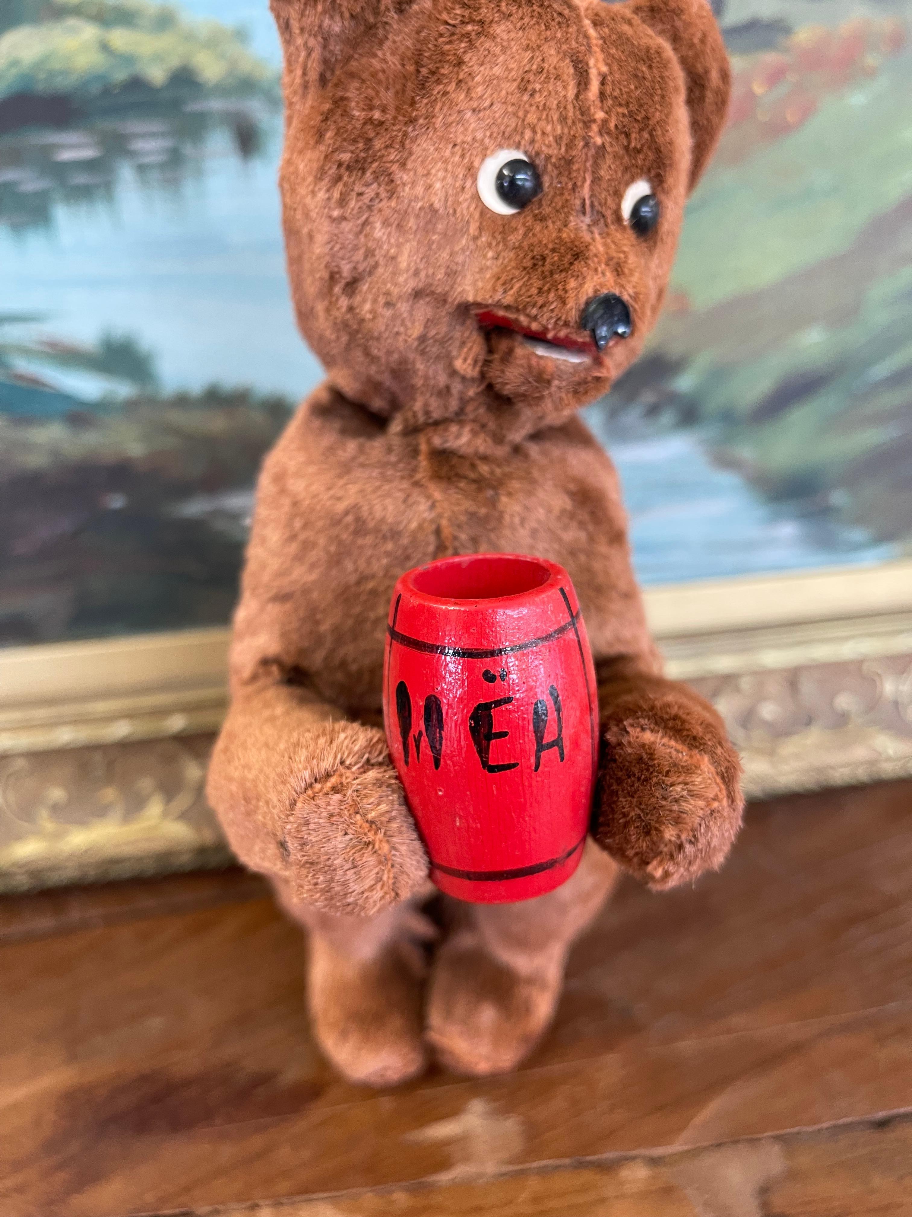 Vintage Plush Mechanical Bear with Red Barrel, Mid-20th Century Toy In Good Condition For Sale In Seattle, WA