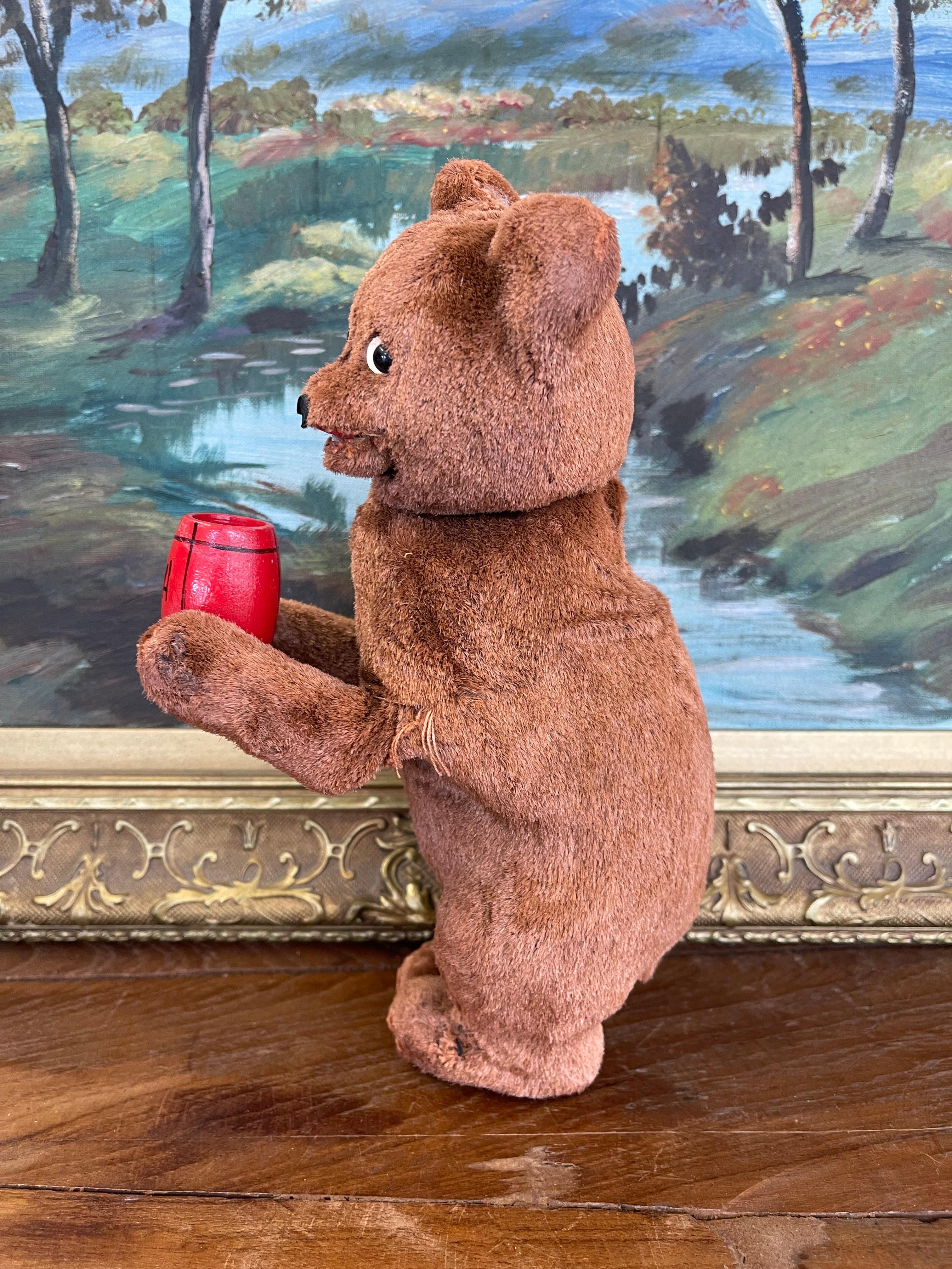 Fur Vintage Plush Mechanical Bear with Red Barrel, Mid-20th Century Toy For Sale