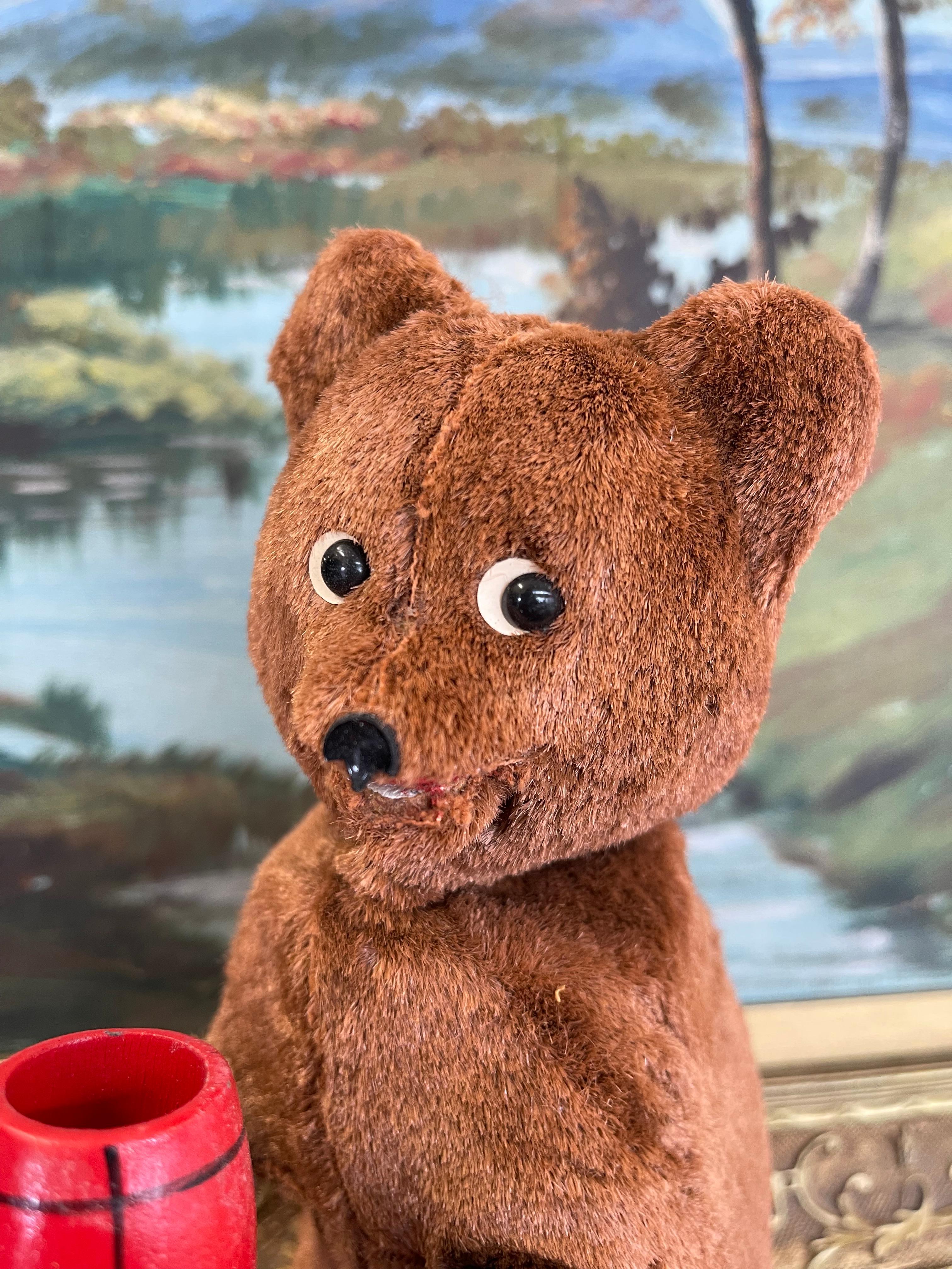 Vintage Plush Mechanical Bear with Red Barrel, Mid-20th Century Toy For Sale 1