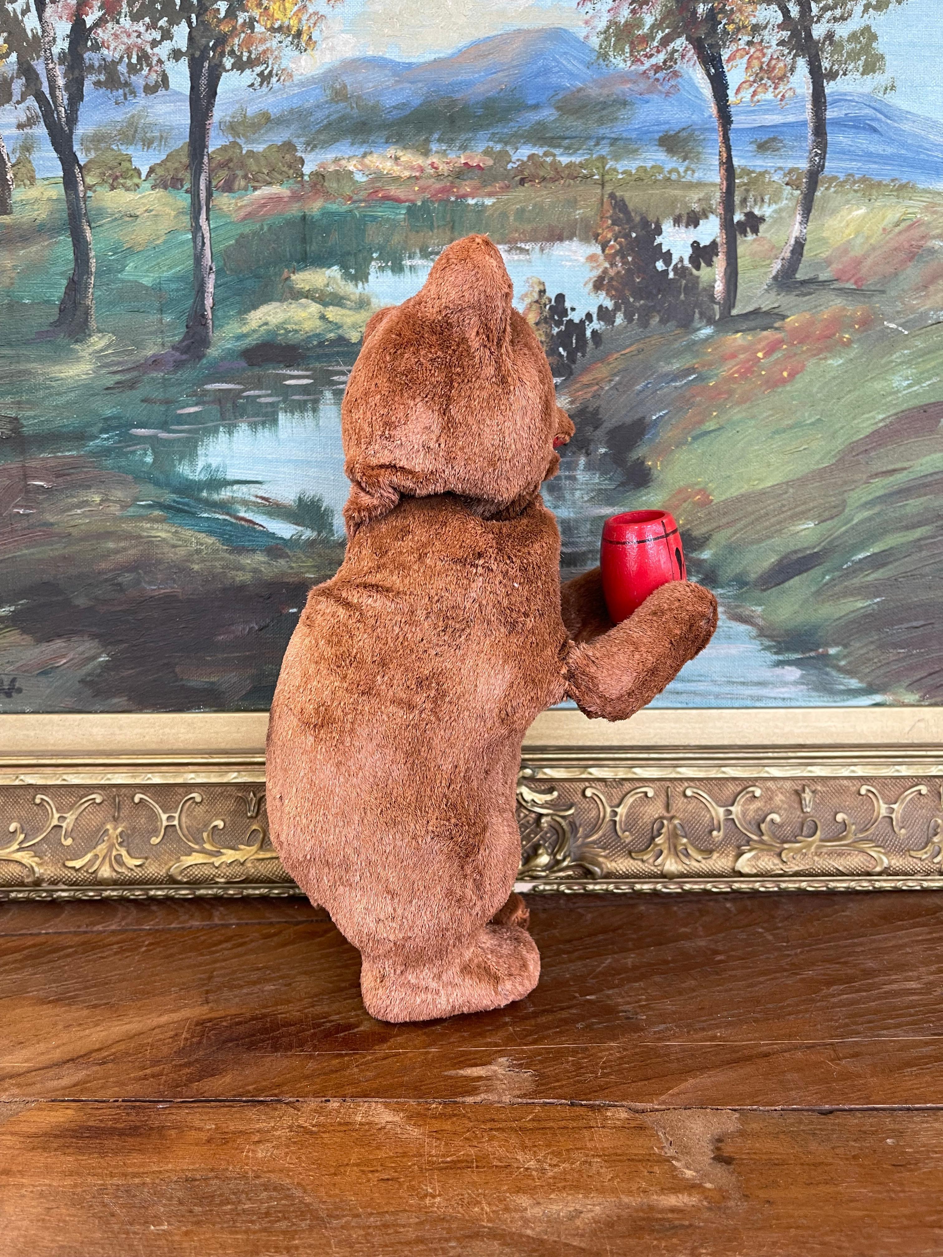 Vintage Plush Mechanical Bear with Red Barrel, Mid-20th Century Toy For Sale 2