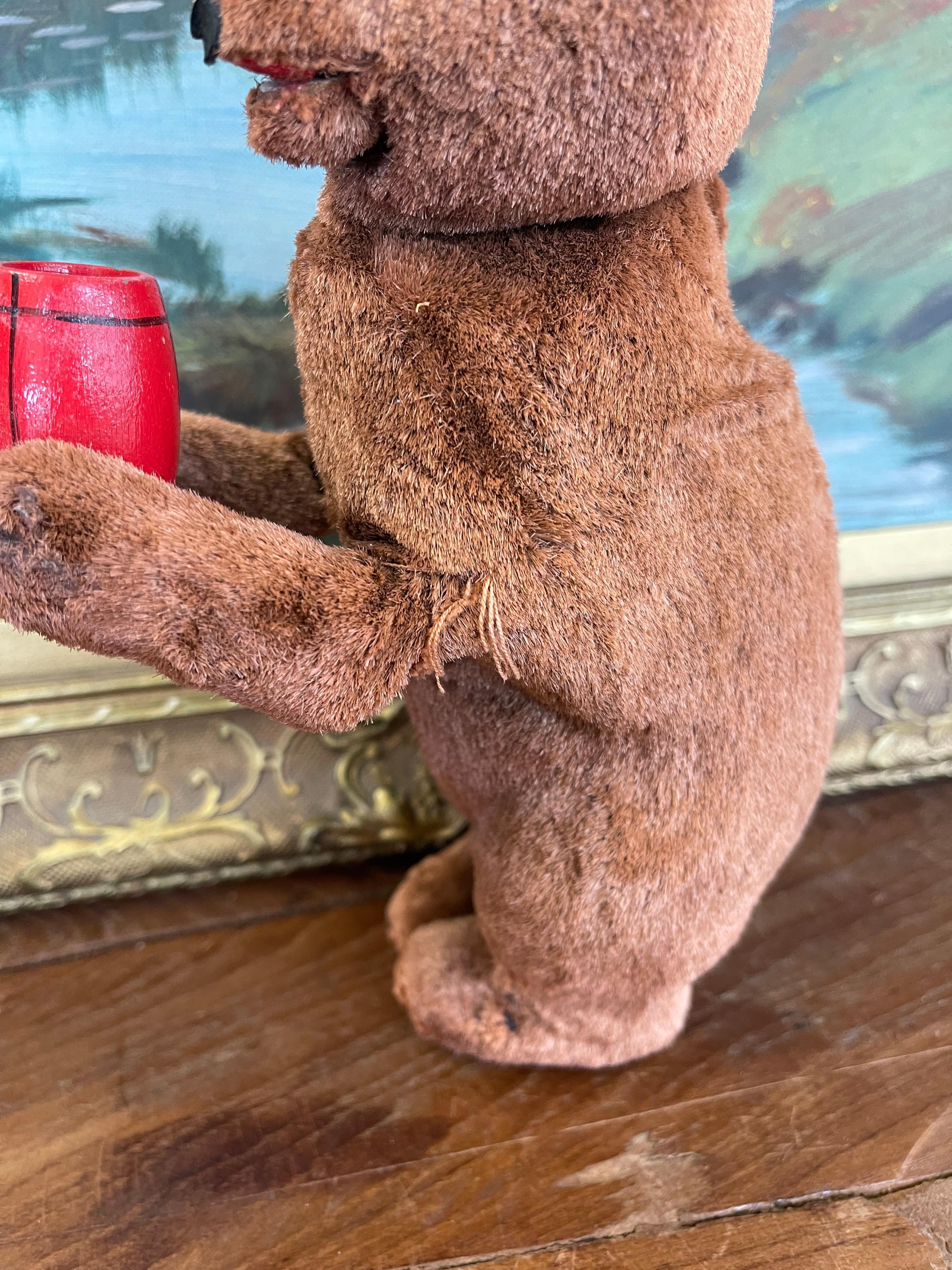 Vintage Plush Mechanical Bear with Red Barrel, Mid-20th Century Toy For Sale 4