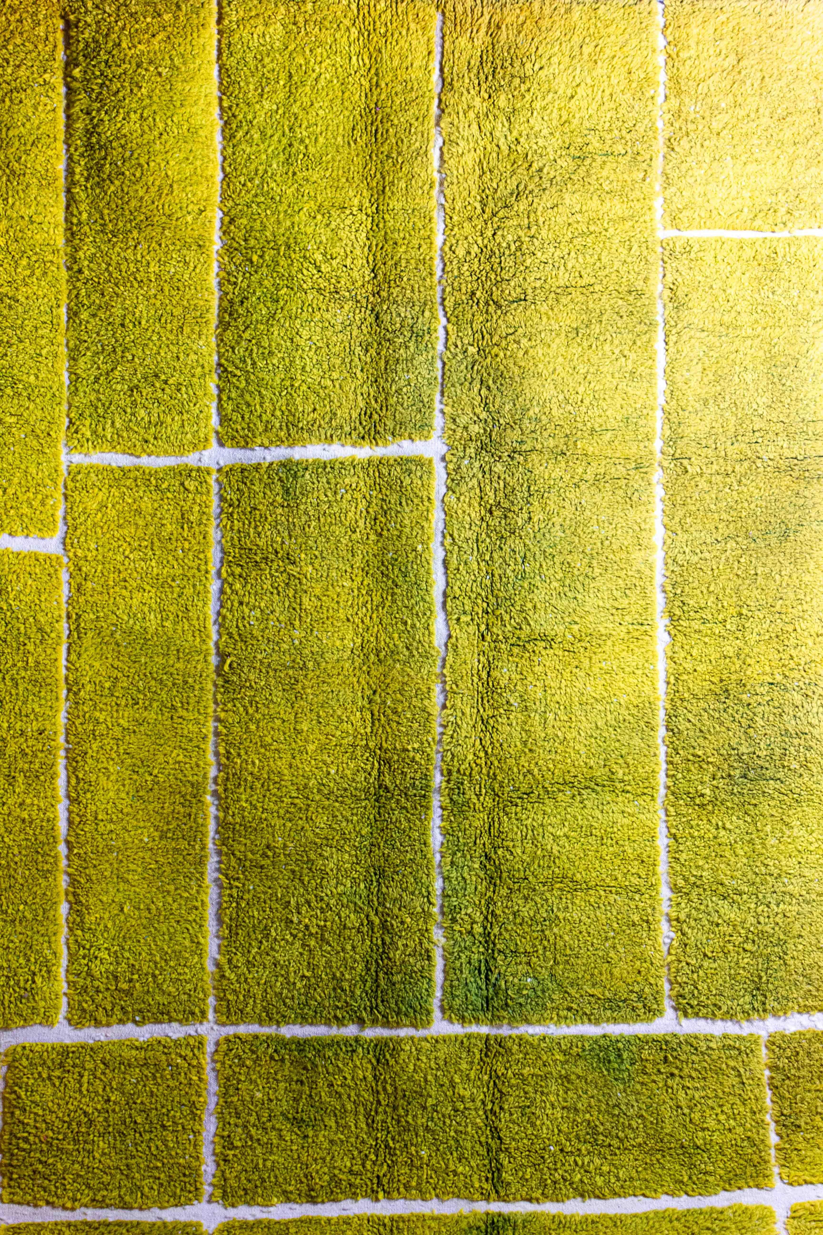 Vintage Tribal Moroccan Berber Rug: This striking rug features a lime green wool made with organic dyes. A stunning example of Abstract Modernist Art, it originates from the Atlas Mountains of Morocco and was handwoven by the Berber tribes. Its high