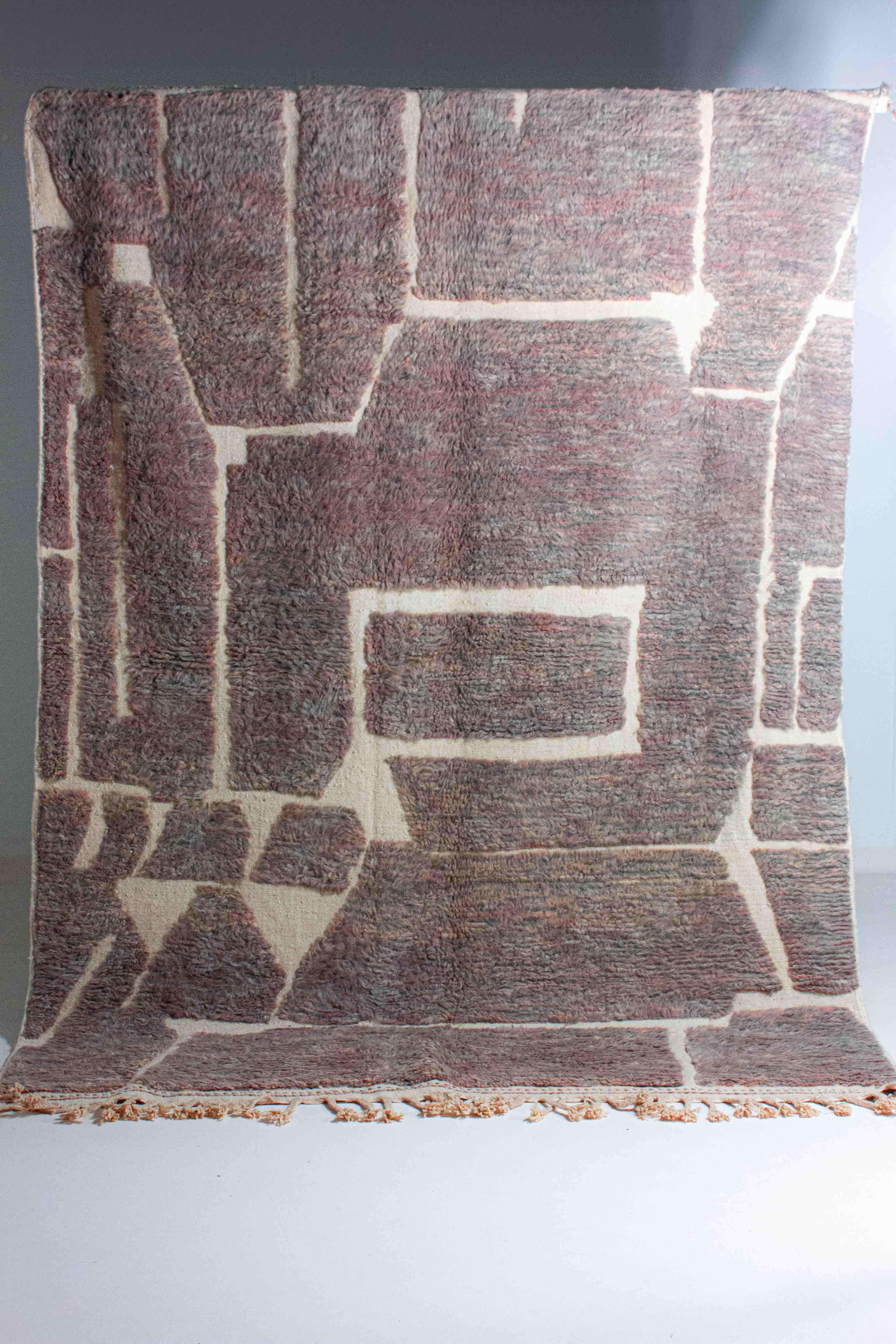 Moroccan Vintage plushy wool folk art berber rug in with abstract patterns For Sale