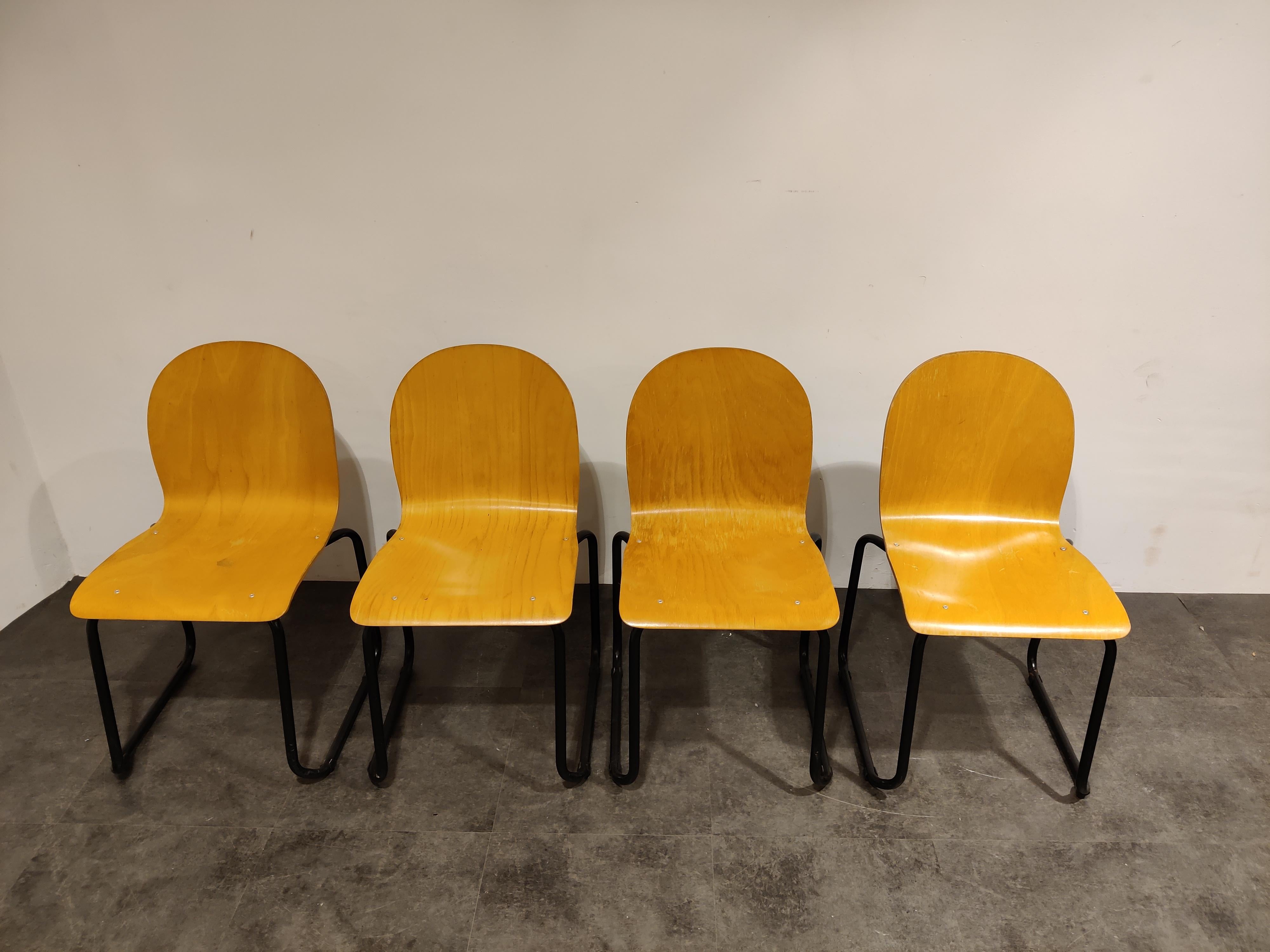 Industrial Vintage Plywood Dining Chairs, 1970s, Set of 4