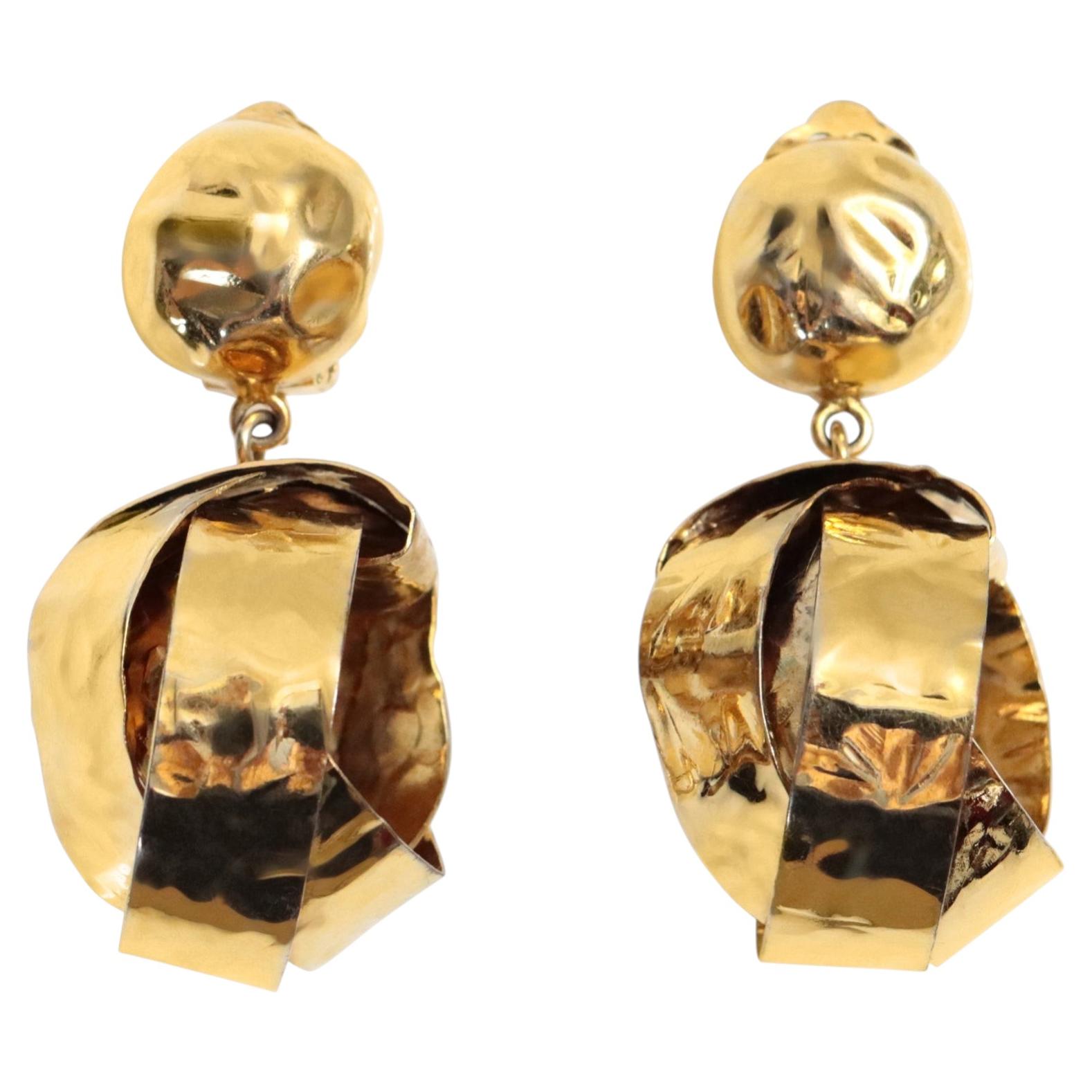 Vintage Poggi Paris Gold Tone Round Dangling Clip-On Earrings, 1990s For Sale
