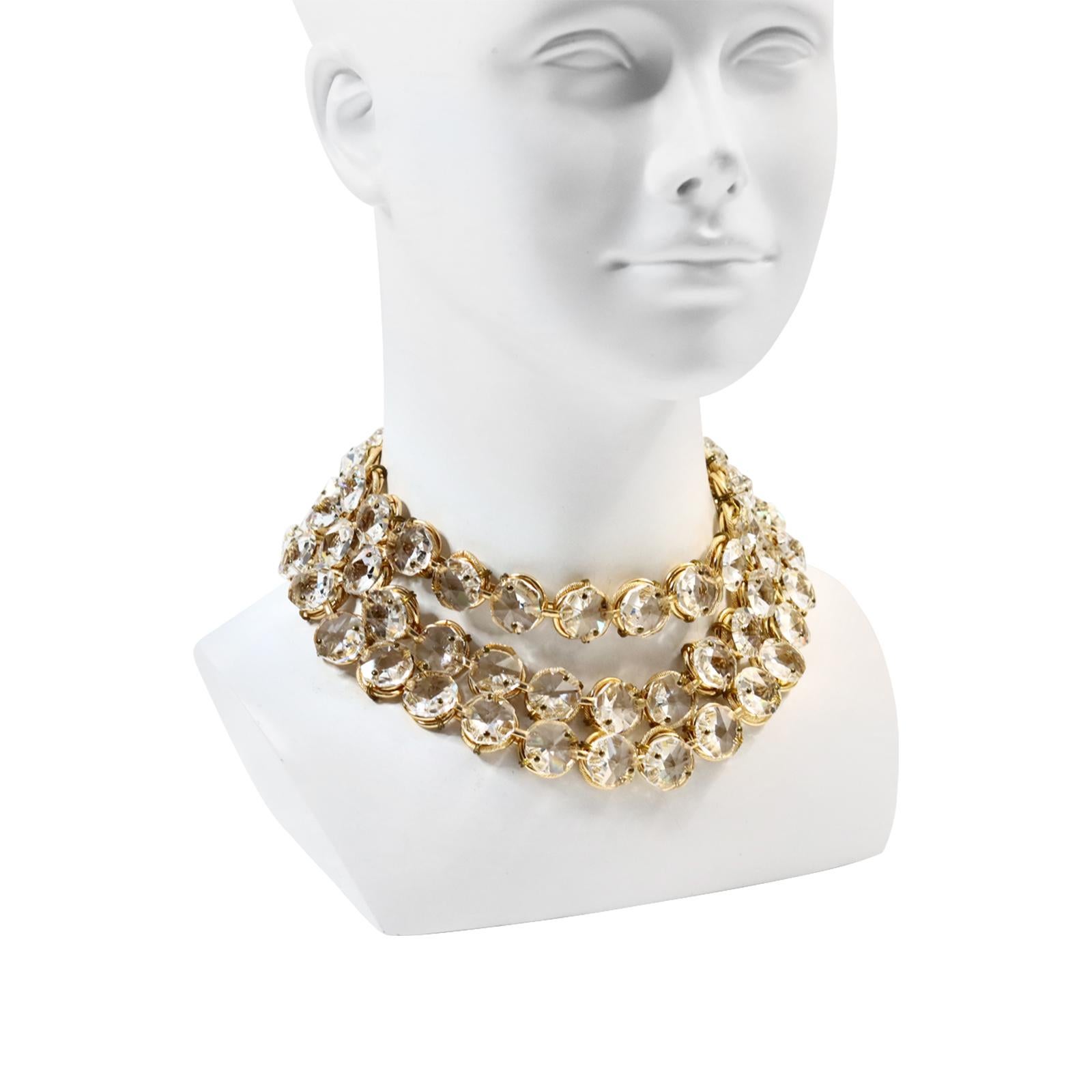 Modern Vintage Poggi Paris Gold Tone with Large Crystals 3 Row Necklace, circa 1990s For Sale