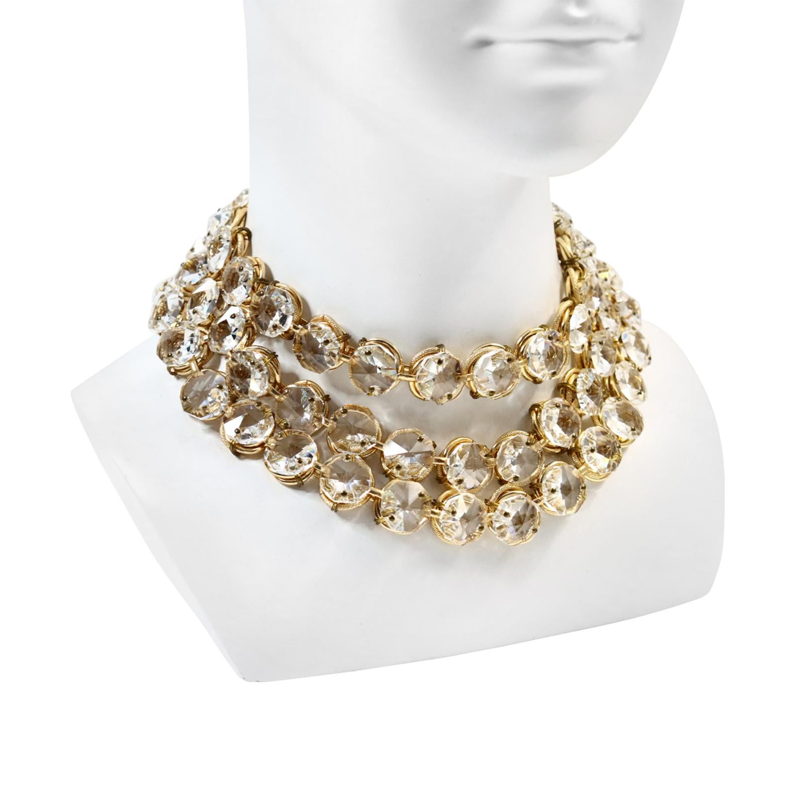 Vintage Poggi Paris Gold Tone with Large Crystals 3 Row Necklace, circa 1990s In Good Condition For Sale In New York, NY