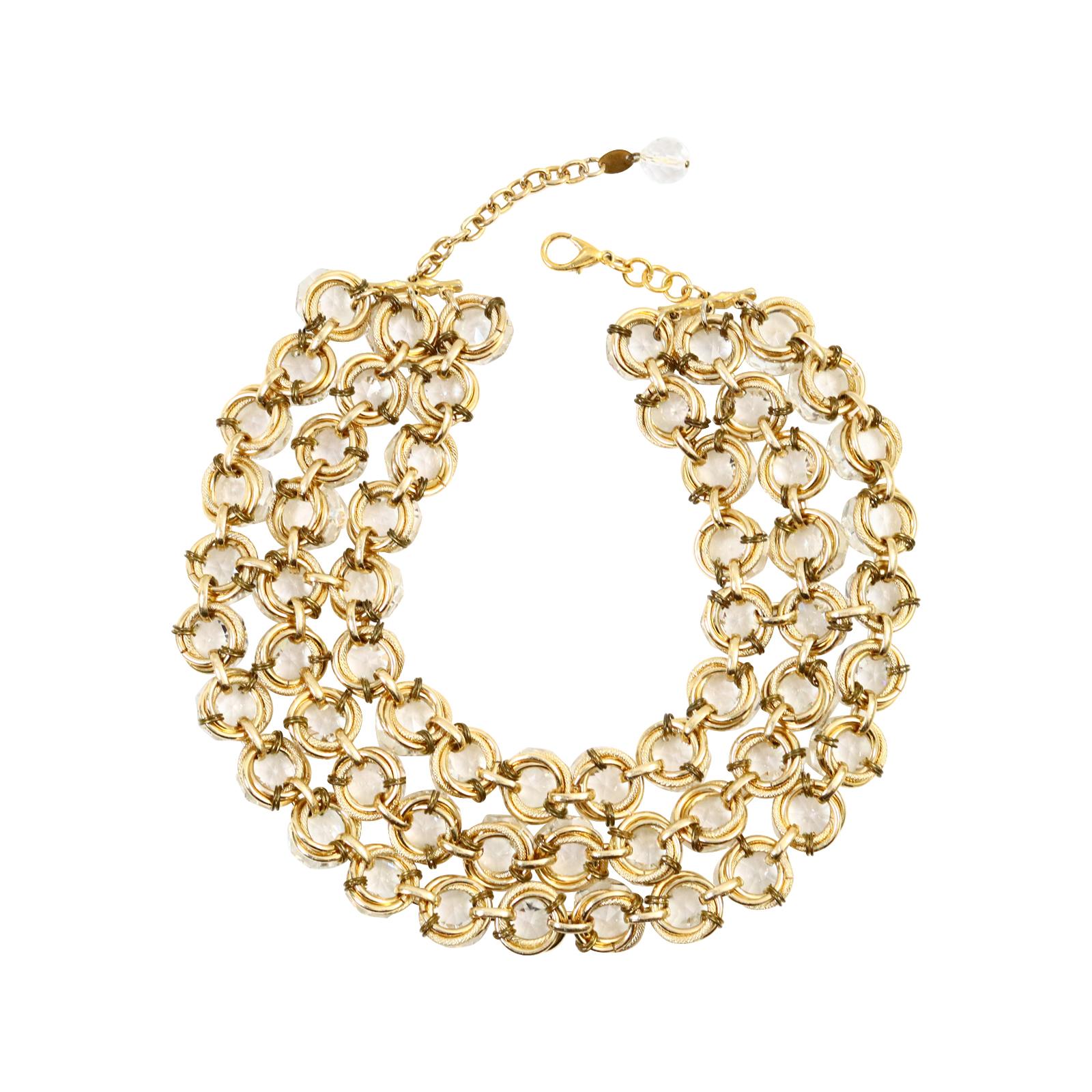 Vintage Poggi Paris Gold Tone with Large Crystals 3 Row Necklace, circa 1990s For Sale 3