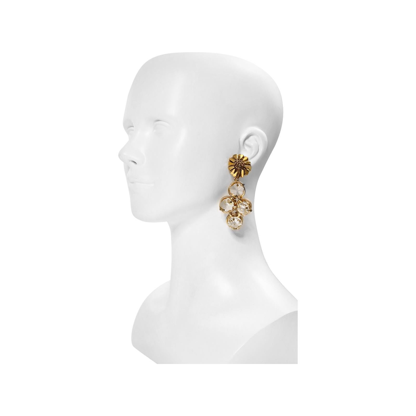 Vintage Poggi Paris Gold Tone with Large Crystals Dangling Earrings, circa 1990s For Sale 2