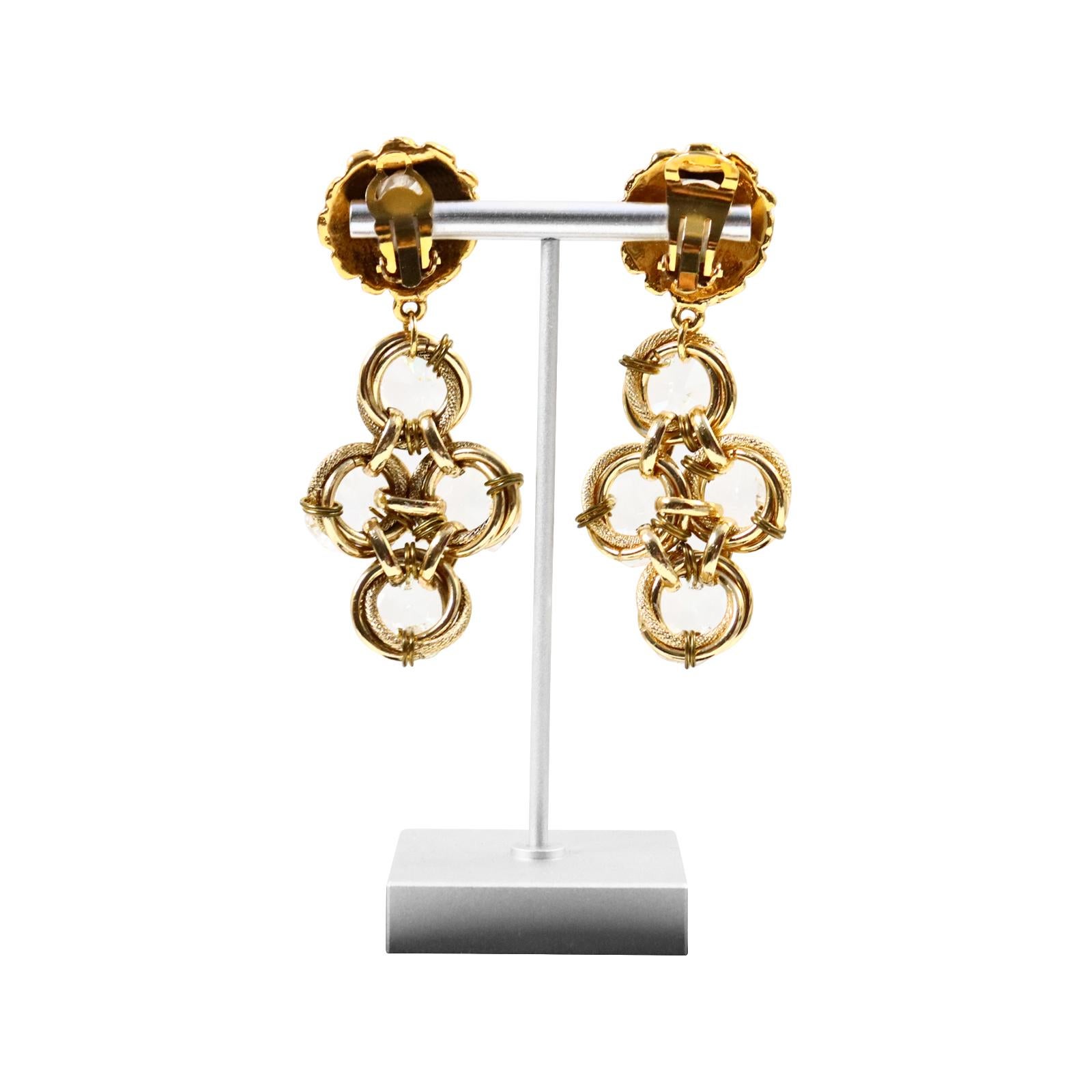 Vintage Poggi Paris Gold Tone with Large Crystals Dangling Earrings, circa 1990s In Good Condition For Sale In New York, NY