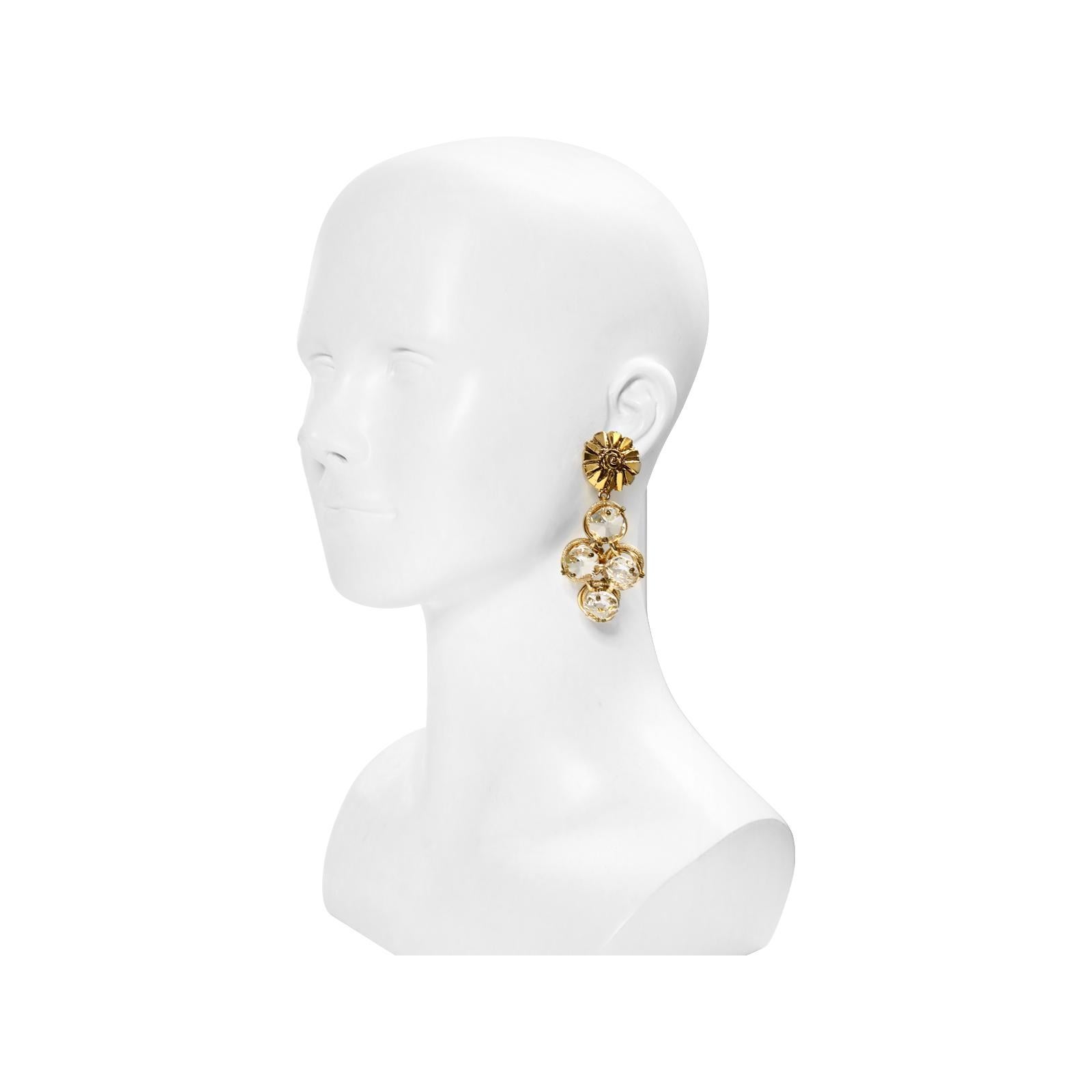 Women's or Men's Vintage Poggi Paris Gold Tone with Large Crystals Dangling Earrings, circa 1990s For Sale