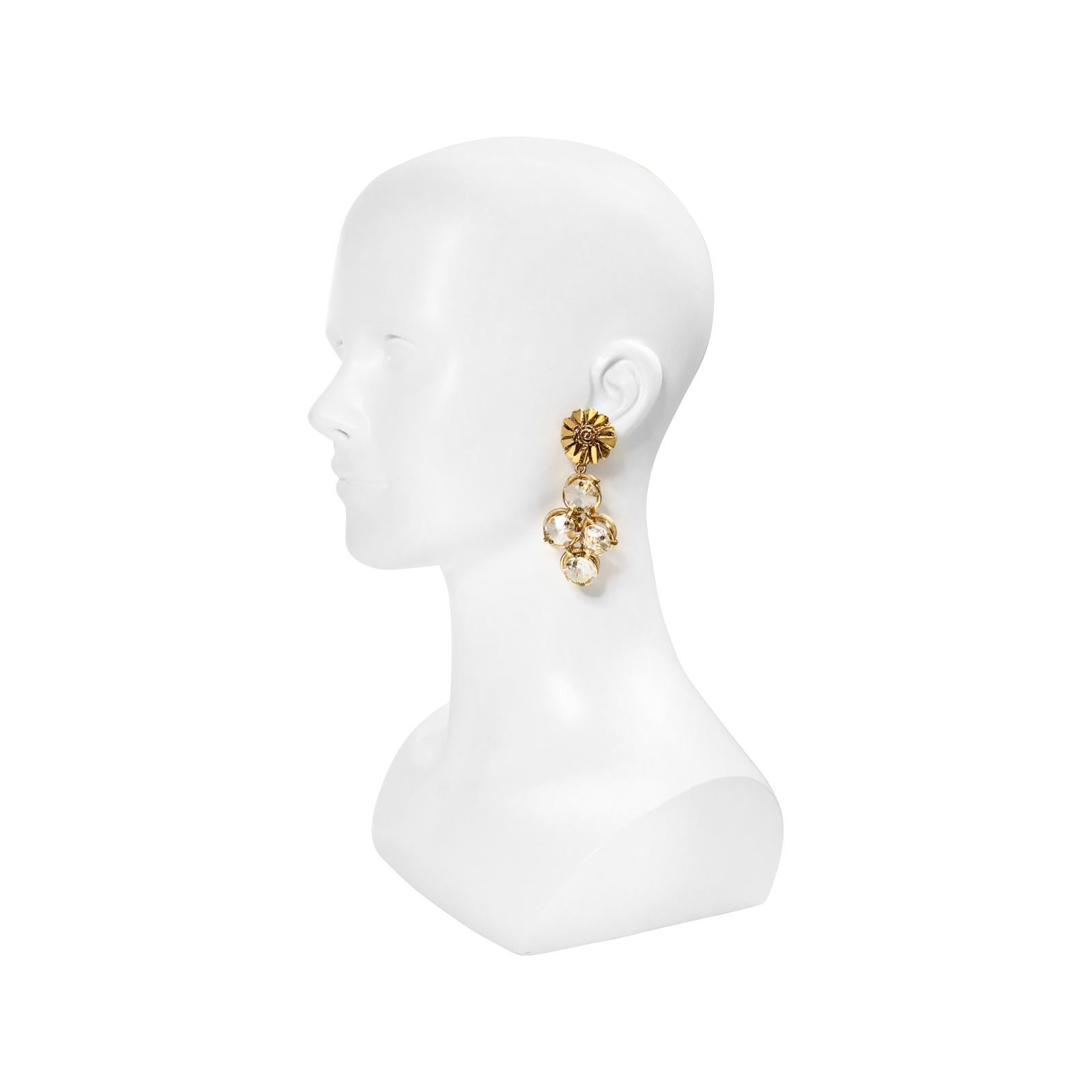 Vintage Poggi Paris Gold Tone with Large Crystals Dangling Earrings, circa 1990s For Sale 1