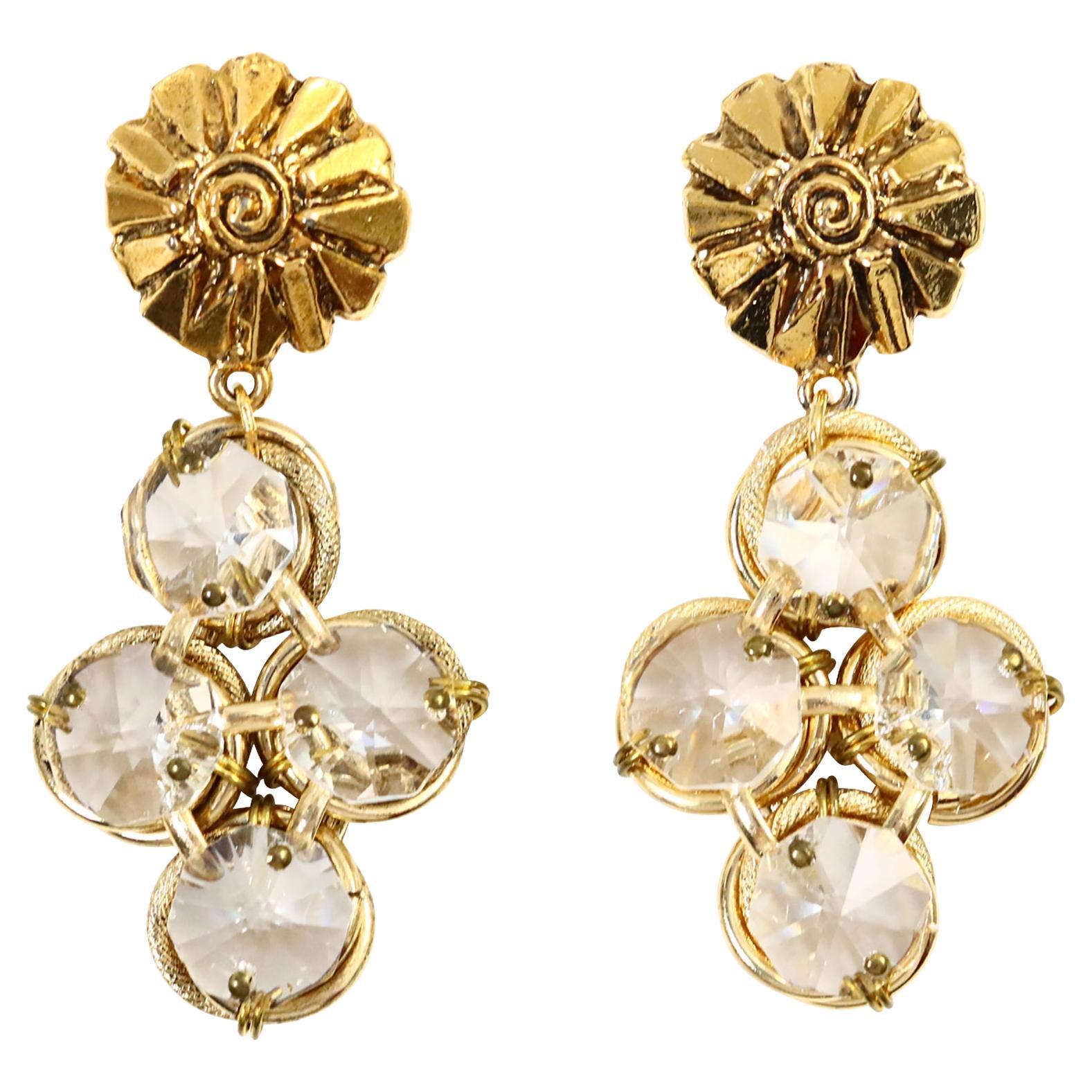 Orecchini pendenti vintage POGGI PARIS in tonalità oro con grandi cristalli, circa anni '90