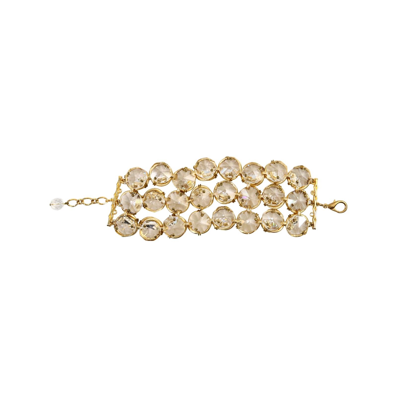 Vintage Poggi Paris Gold Tone with Large Crystals Wide Bracelet, circa 1990s In Good Condition For Sale In New York, NY