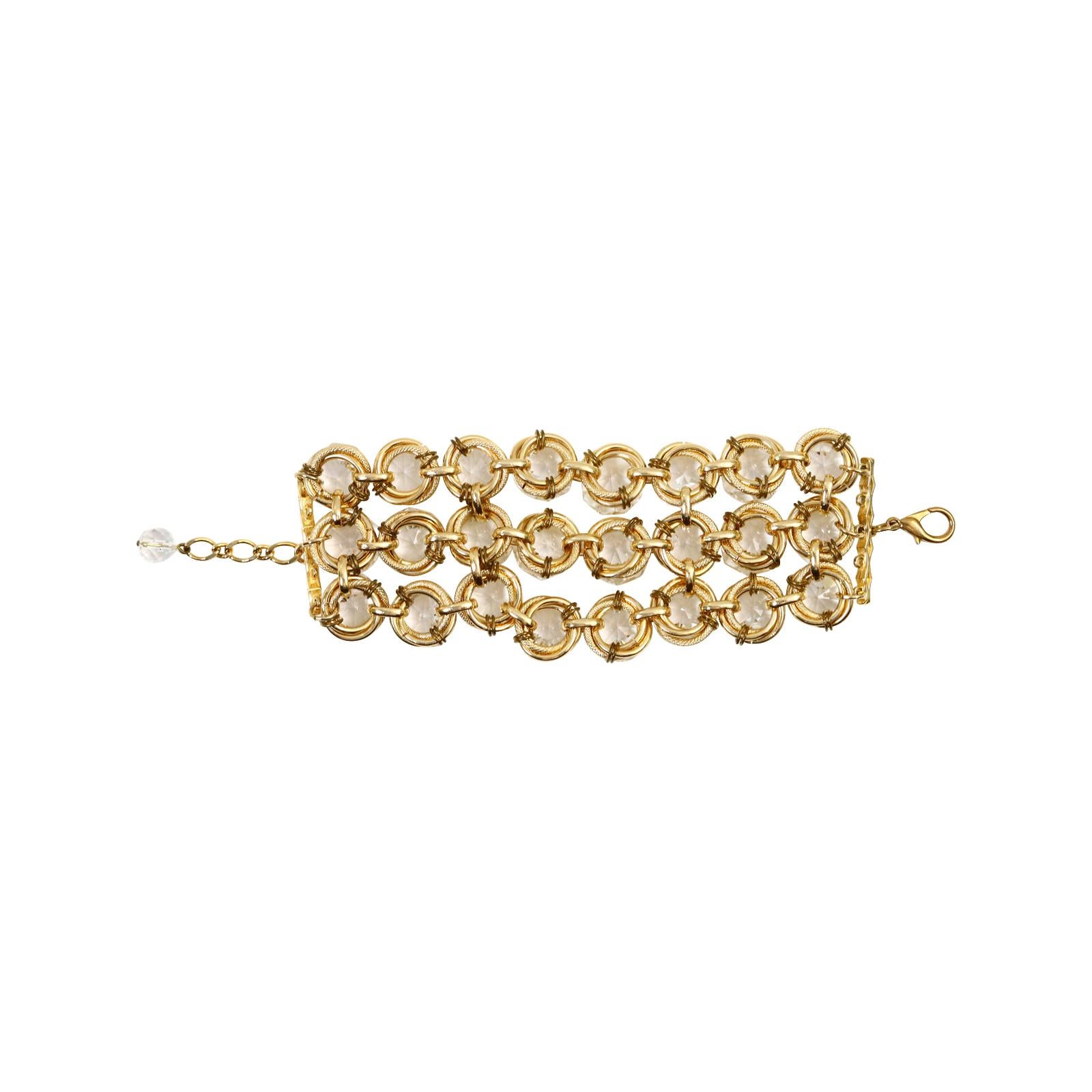 Women's or Men's Vintage Poggi Paris Gold Tone with Large Crystals Wide Bracelet, circa 1990s For Sale