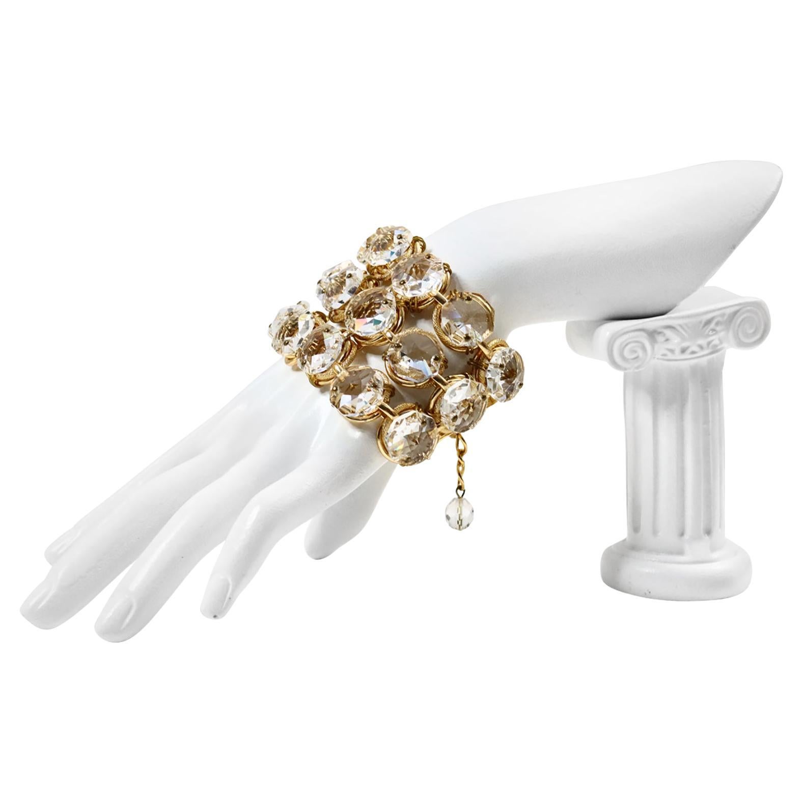 Vintage Poggi Paris Gold Tone with Large Crystals Wide Bracelet, circa 1990s