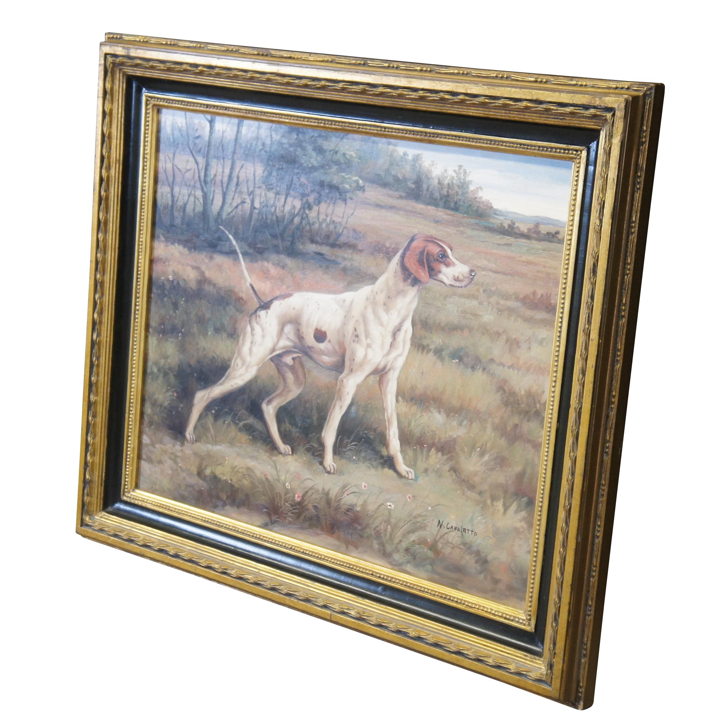 Vintage oil painting on canvas featuring a portrait of a pointing hunting dog / foxhound in the field / countryside.  Signed by artist lower right.  Framed in ebonized gold frame.

Dimensions:
26.5