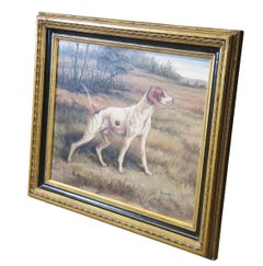 Vintage Pointer Hunting Dog Landscape Portrait Oil Painting on Canvas 31"
